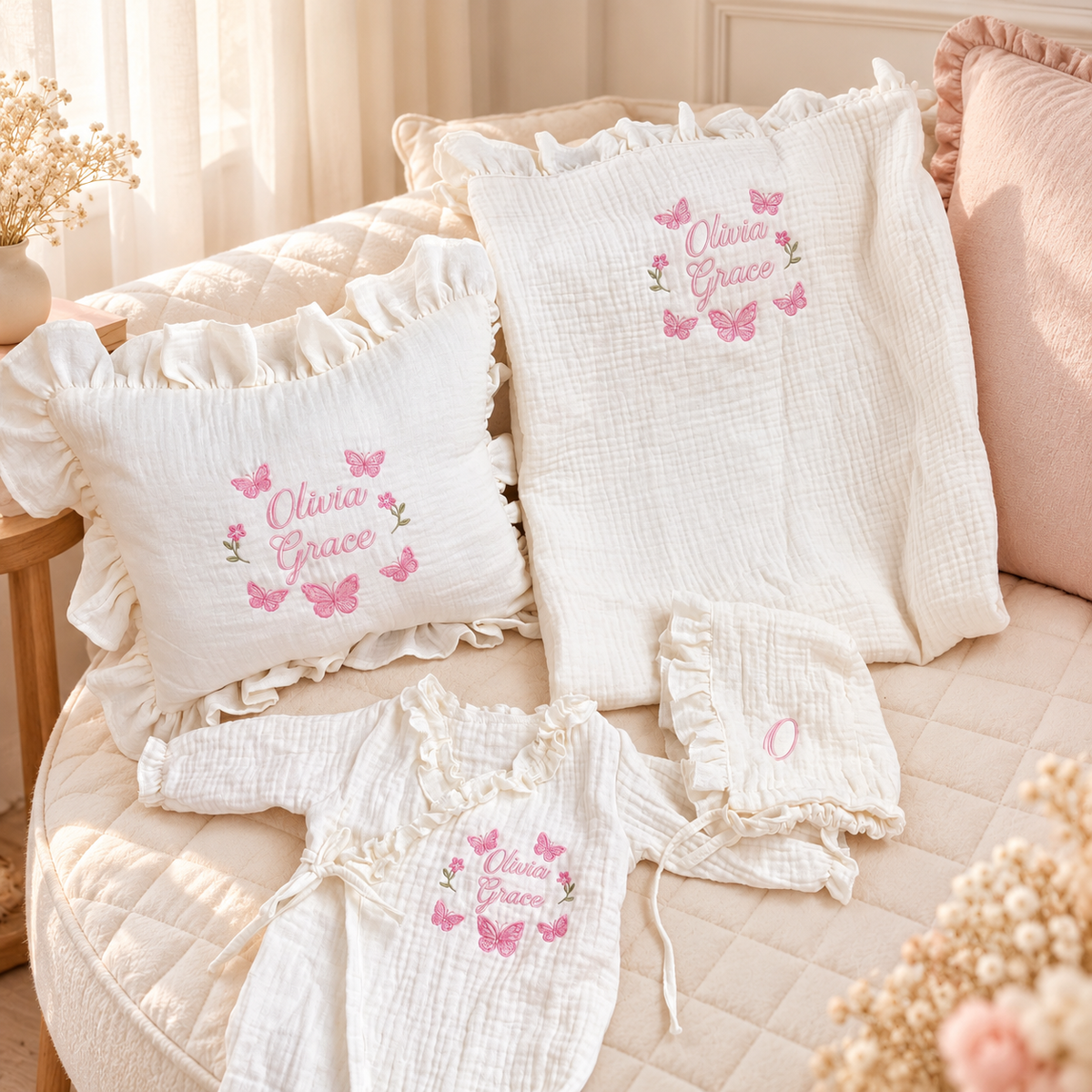 Custom Embroidered Muslin Baby Blanket & Ruffle Pillow | Personalized Baby Name Blanket | Luxury Newborn Gift Set