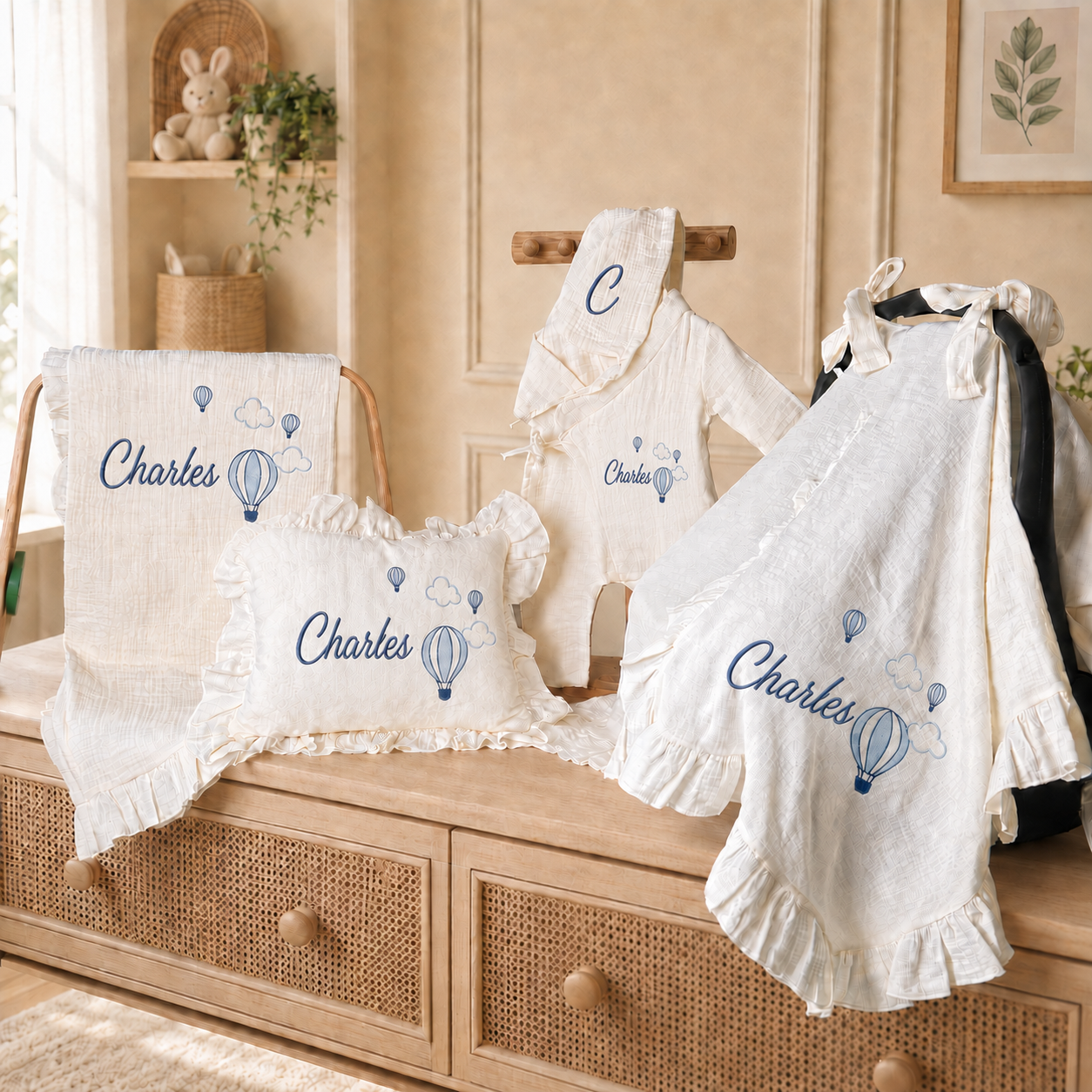 Embroidered 4 Pieces Gift Set, Personalized Muslin Romper Blanket Pillow Stroller Cover Natural Cream