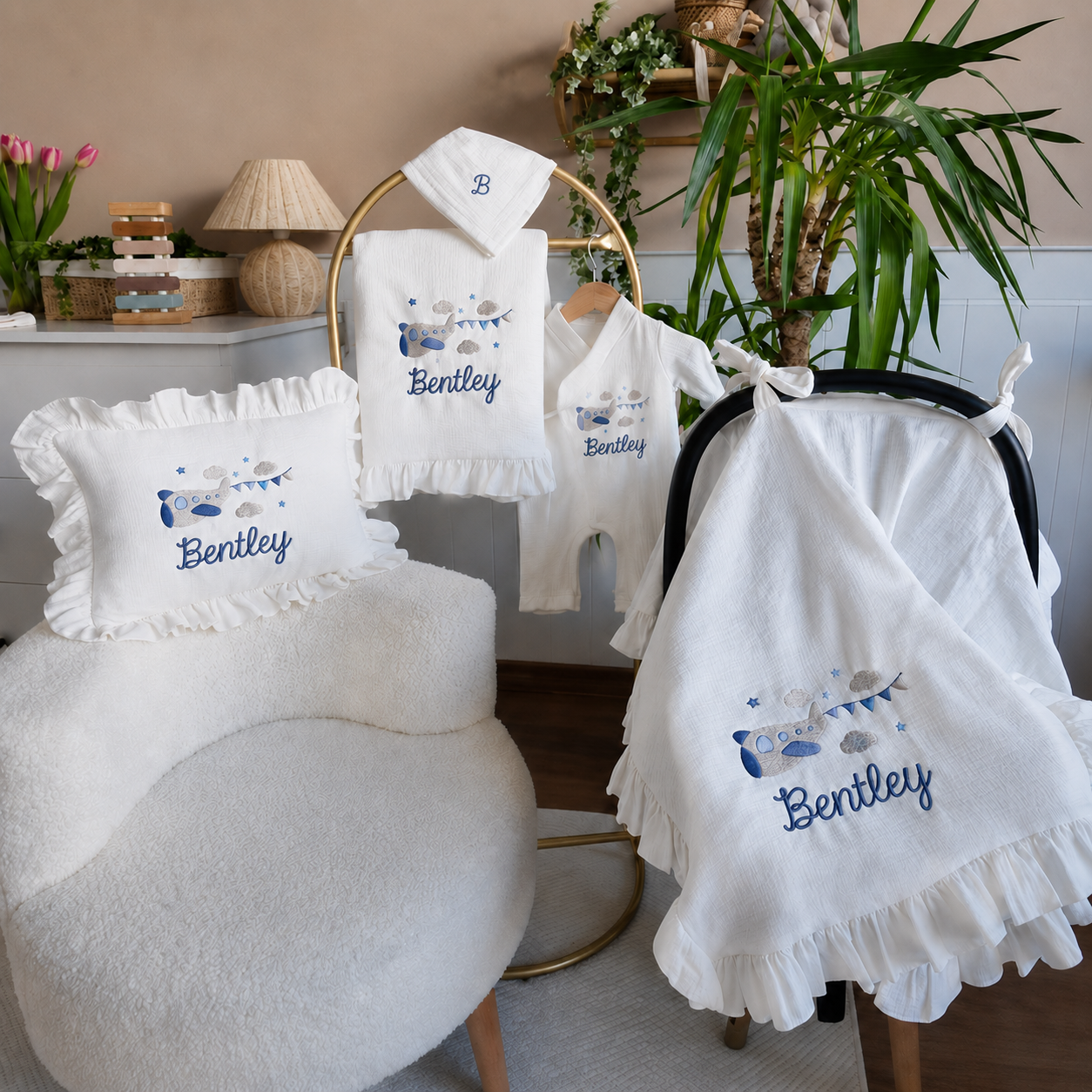Embroidered 4 Pieces Gift Set, Personalized Muslin Romper Blanket Pillow Stroller Cover