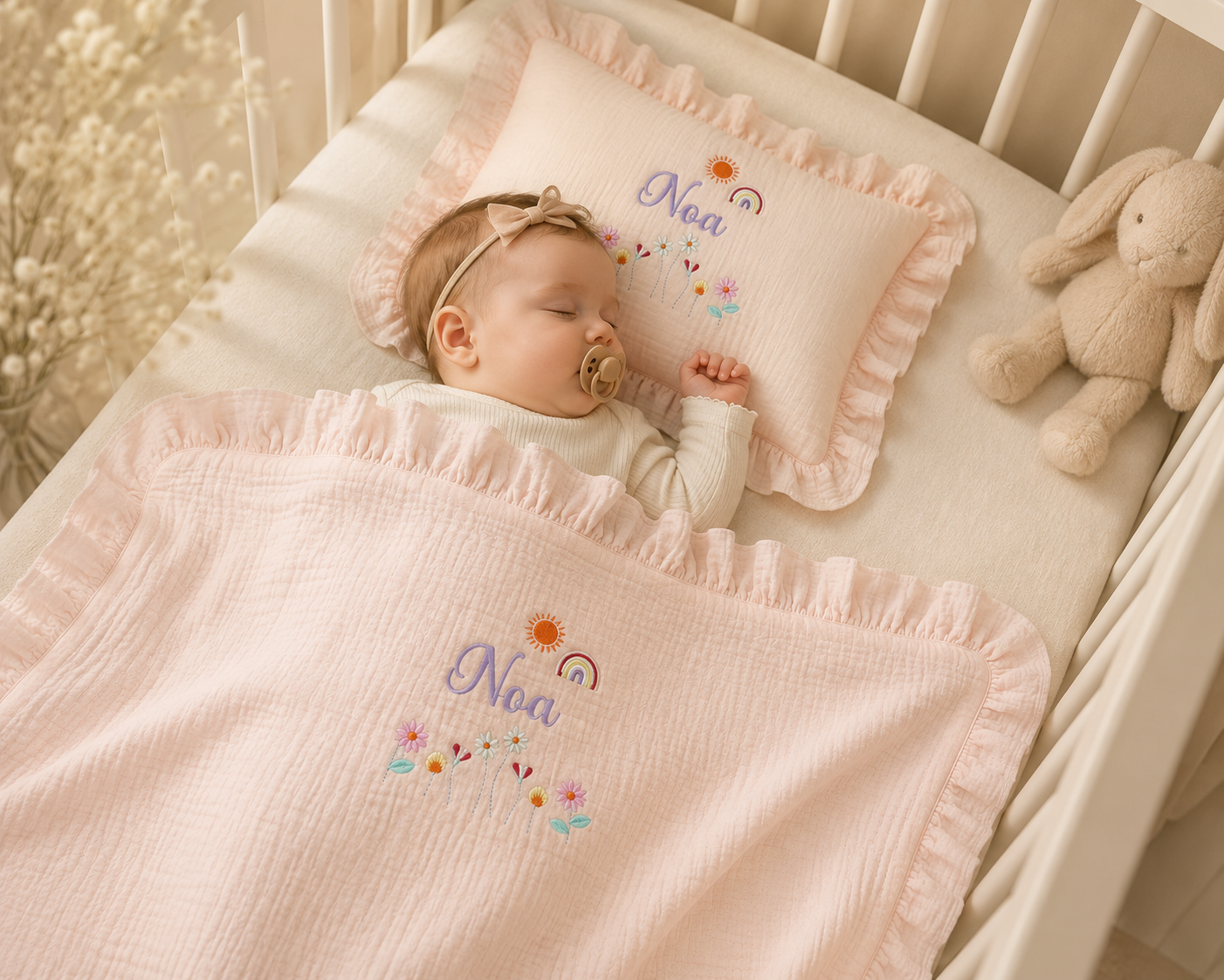 Personalized Baby Muslin Blanket & Ruffle Pillow Set – Embroidered Baby Name Blanket, Custom Newborn Gift, Soft Cotton Muslin Nursery Bedding