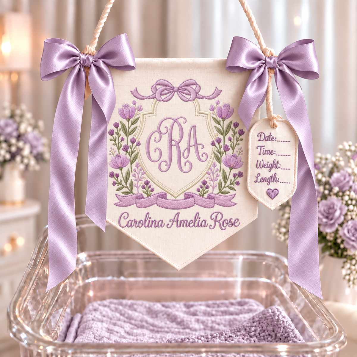 Personalized Baby Girl Hospital Banner, Embroidered Monogram Name Sign, Floral Newborn Announcement, Custom Nursery Decor, Baby Shower Gift