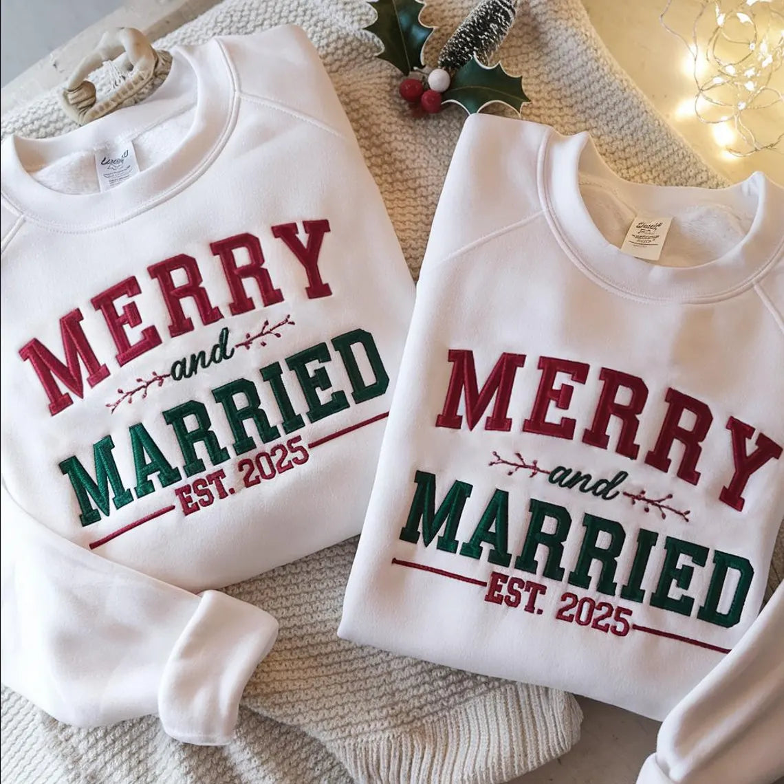 Embroidered Merry and Married Sweatshirt, Christmas Wedding Shirt, Christmas Newlywed Matching Couple Sweater, Christmas Couple Shirt Gift