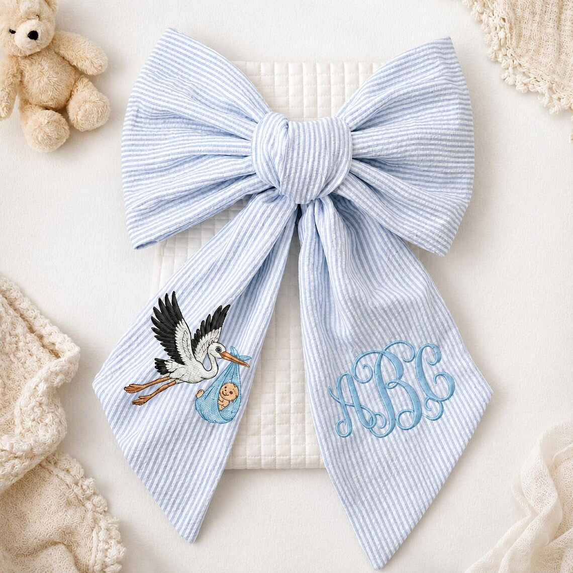 Custom Embroidered Newborn Bow Sash for Swaddle | Custom Embroidered Baby Stork Gingham Wreath Sash