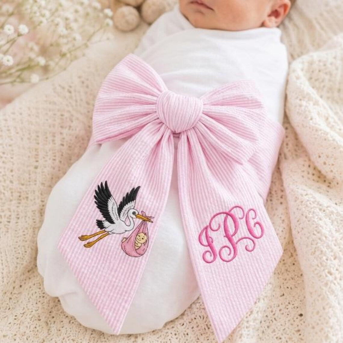 Monogrammed Newborn Baby Bow Sash, Crib Bow, Maternity Photo Prop, Baby Shower Gift, Swaddle Wrap Bow