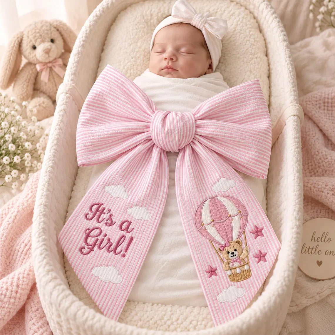 Personalized Embroidered Baby Name Newborn Bow Sash, Monogrammed Newborn Bow Sash,Celebrate Her/His arrival with A Custom Name Sash,Sash For Baby Pictures