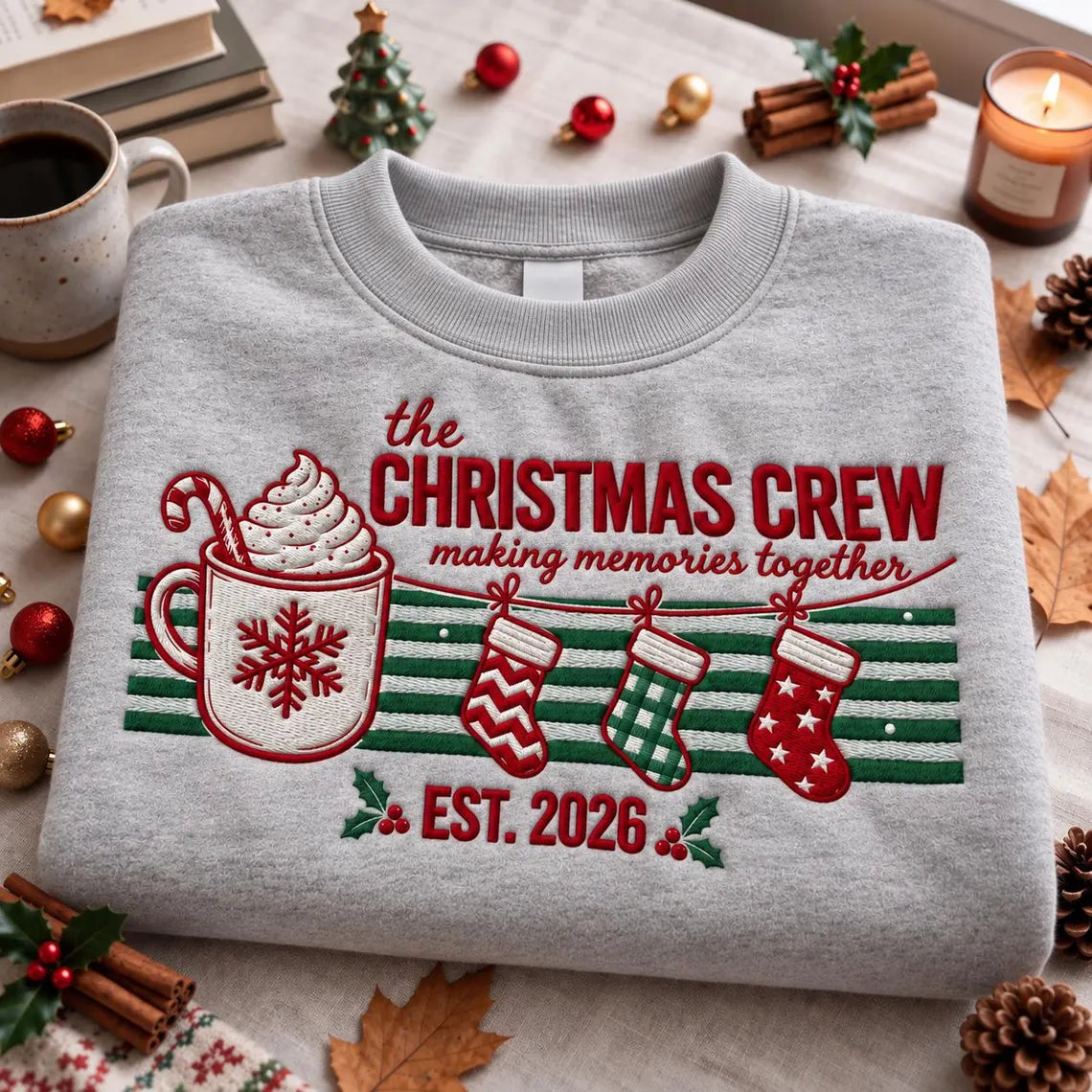 Christmas Crew Embroidered Sweatshirt, Personalized Family Name Holiday Crewneck, Matching Family Christmas Sweater