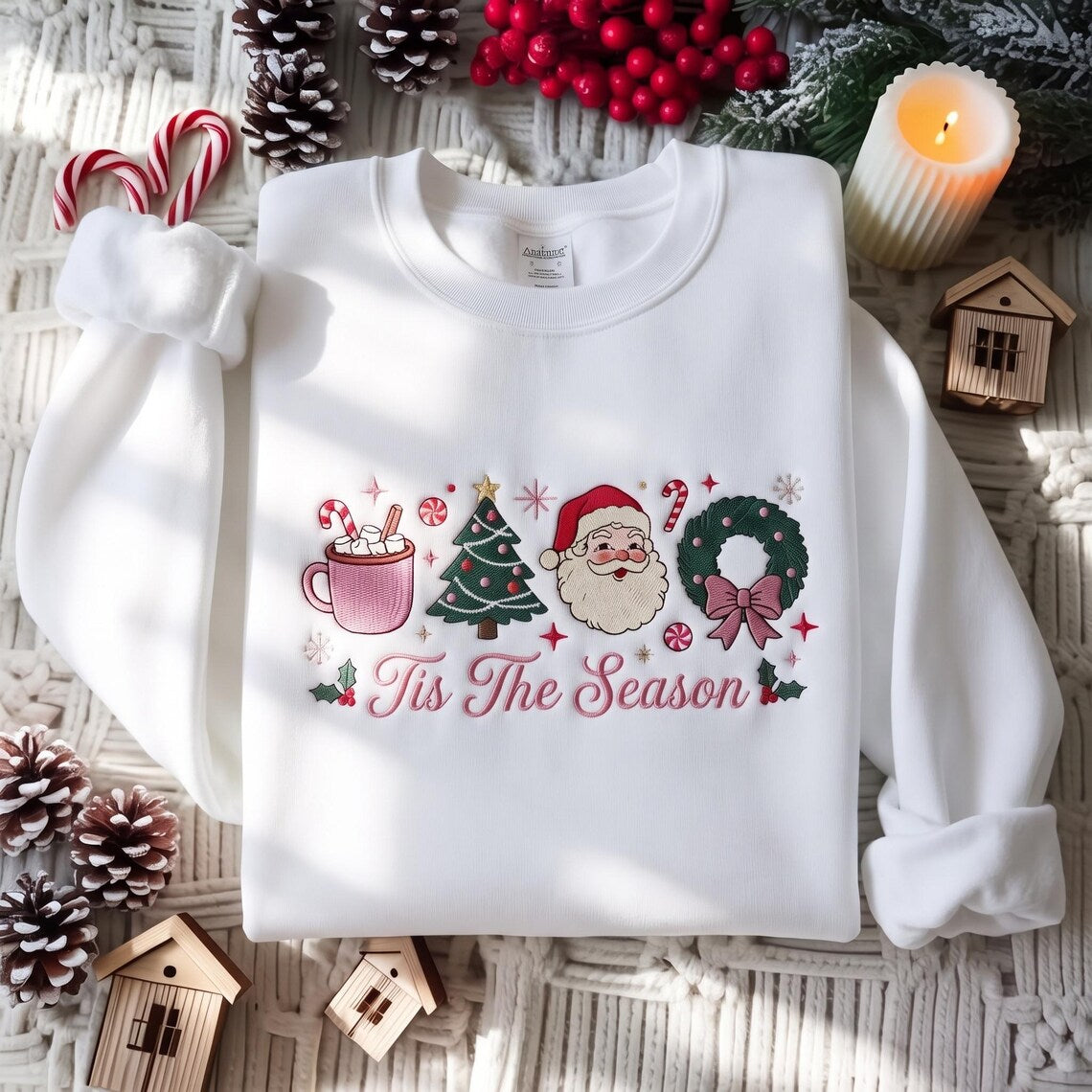 Christmas Tis The Season Sweatshirt, Christmas Crewneck, Pink Santa Holiday Sweater