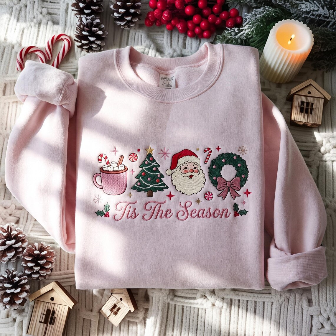 Christmas Tis The Season Sweatshirt, Christmas Crewneck, Pink Santa Holiday Sweater