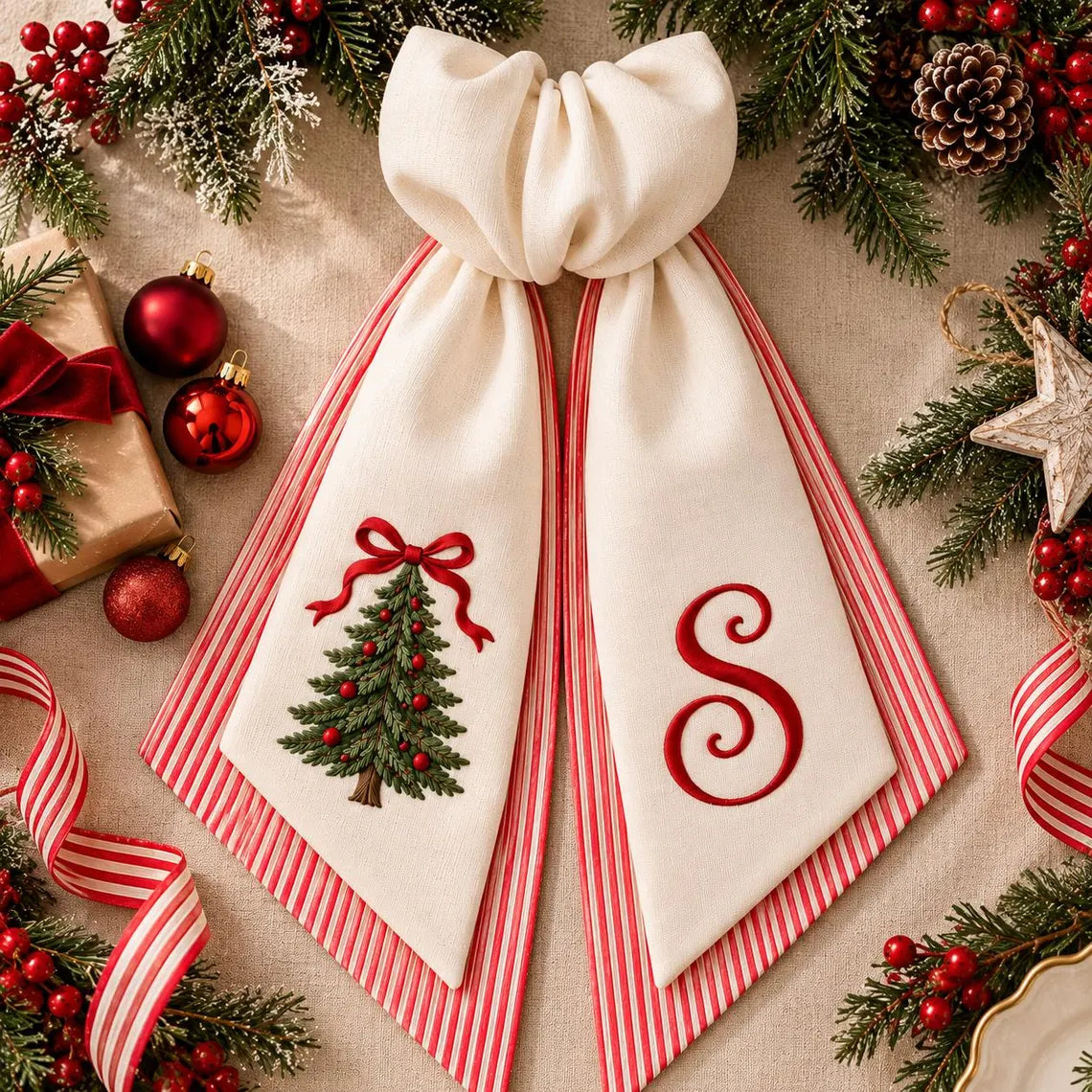 Personalized Christmas Wreath Sash, Embroidered Linen Wreath Bow, Monogram Christmas Door Decor, Holiday Wreath Sash