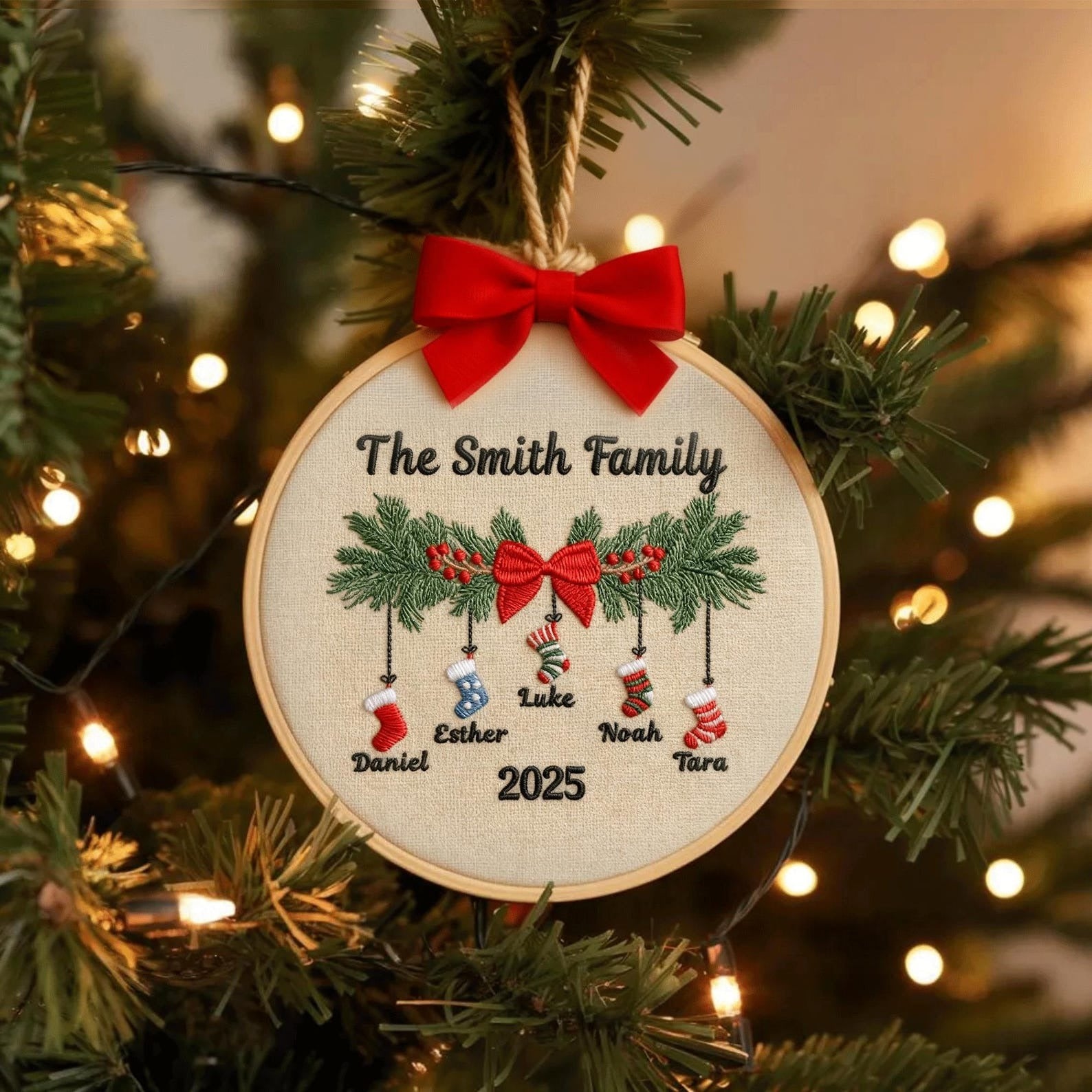 Personalized Couple Embroidery Christmas Ornament, Embroidered Hoop with Names Year