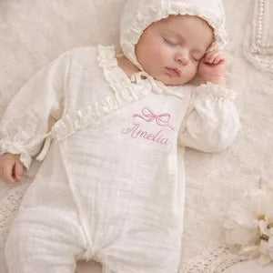 Personalized Muslin Baby Romper with Bonnet, Newborn Coming