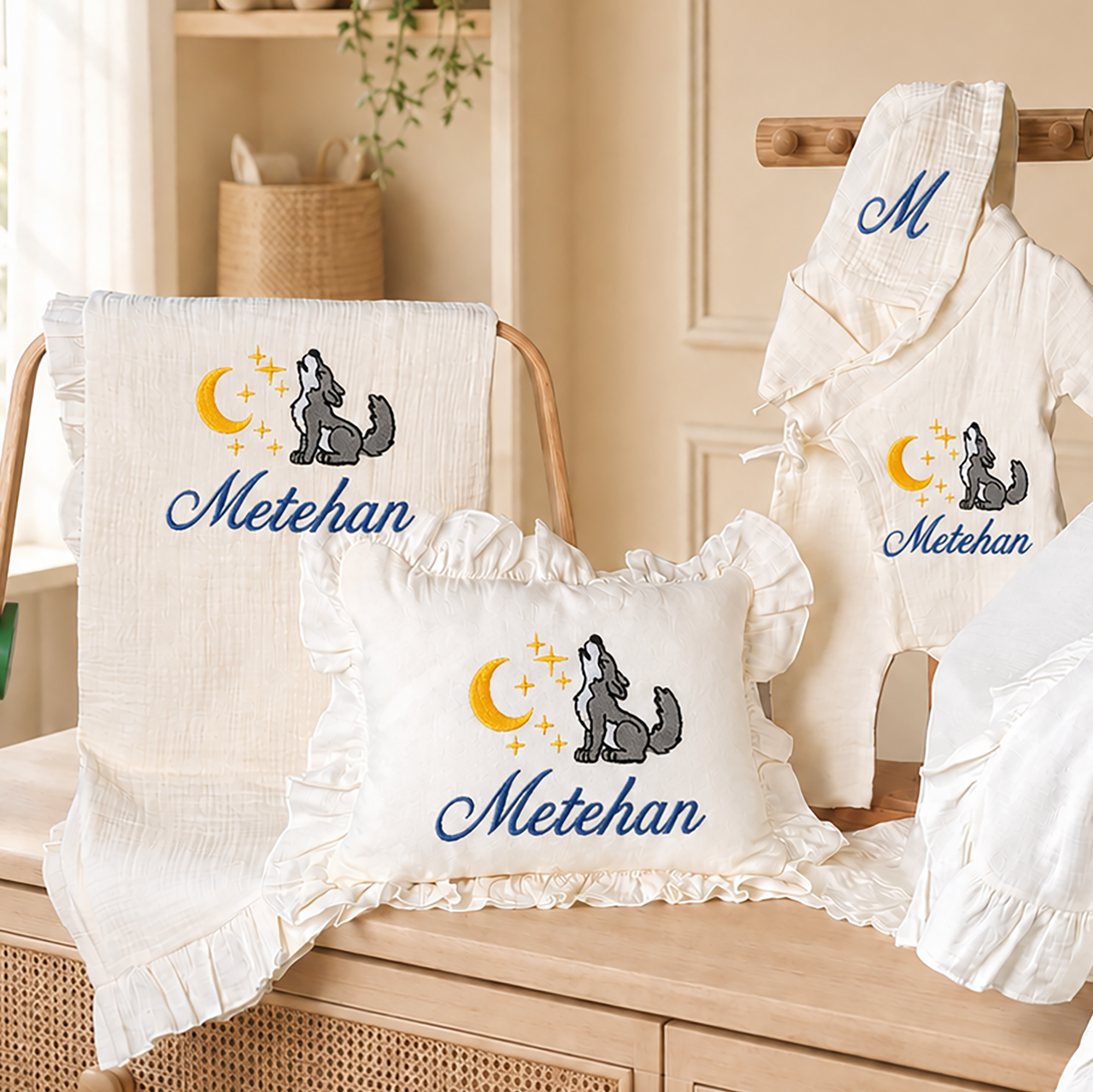 Personalized Baby 4 Pieces Gift Set, Muslin Romper Blanket Pillow Stroller Cover Natural Cream