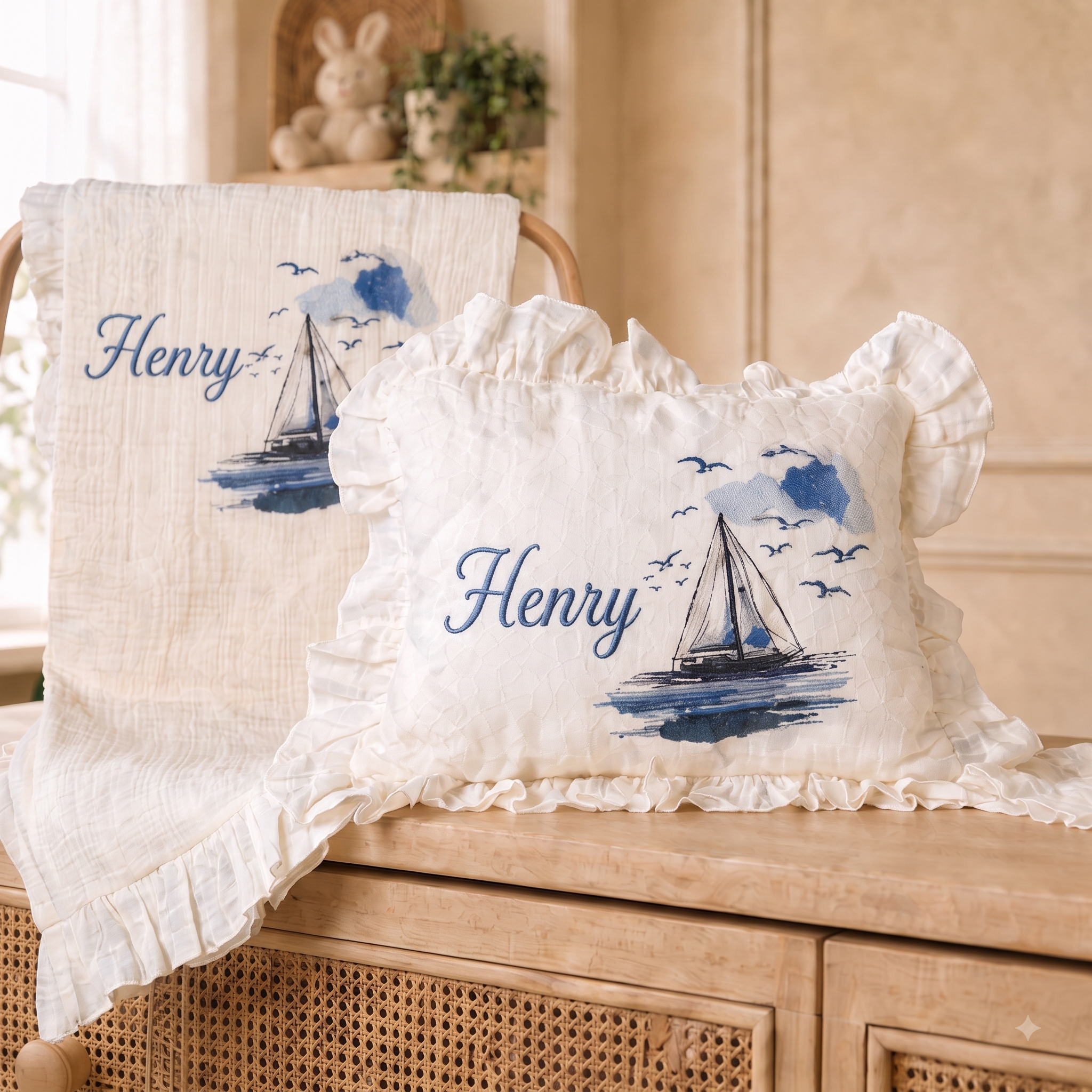 Embroidered 4 Pieces Gift Set, Personalized Muslin Romper Blanket Pillow Stroller Cover Natural Cream