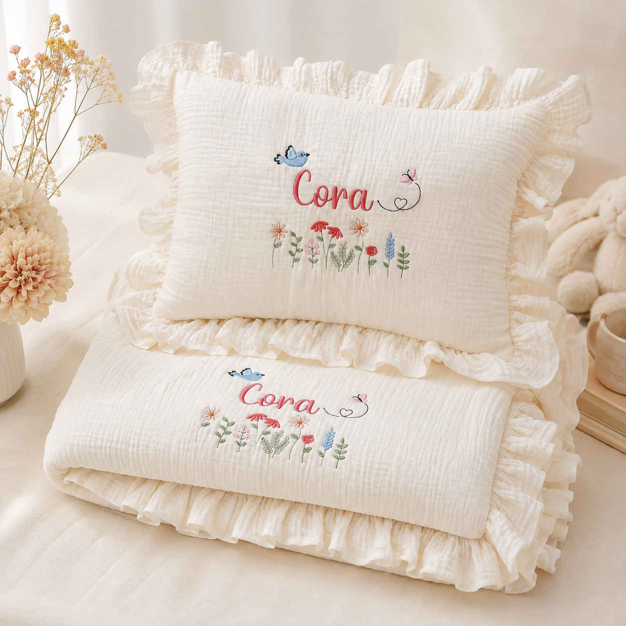 Personalized Muslin Baby Blanket & Pillow Set – Custom Embroidered Baby Name, Soft Cotton Muslin Nursery Gift for Newborn