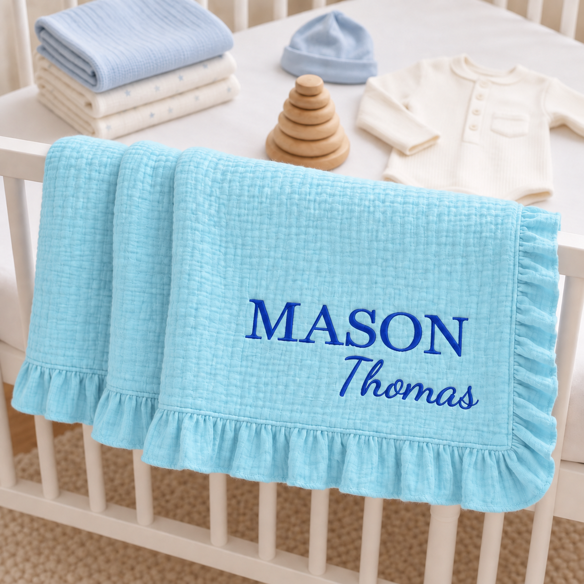 Custom Embroidered Baby Blanket with Name and Wildflowers, Ruffle Muslin Blanket, Baby Shower Gift, Newborn Essentials, Toddler Bedding