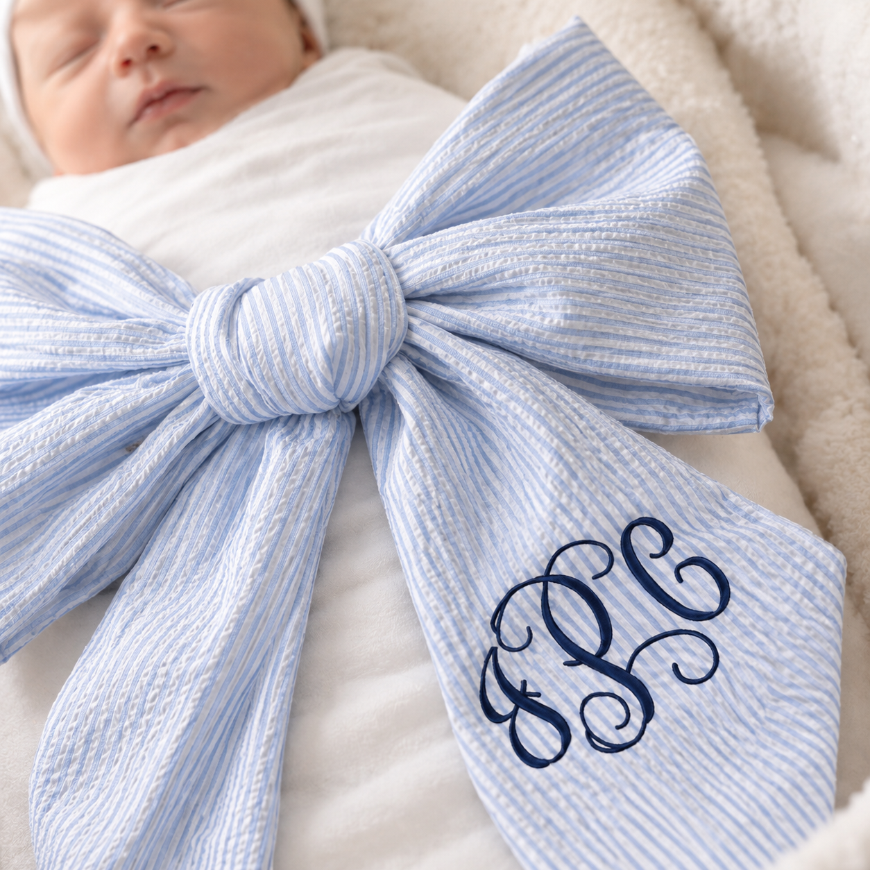 Personalized Embroidered Newborn Bow Sash, Bow Swaddle Girl, Custom Monogrammed Seersucker Bow, Sash For Baby Pictures, Birth Announcement #N1