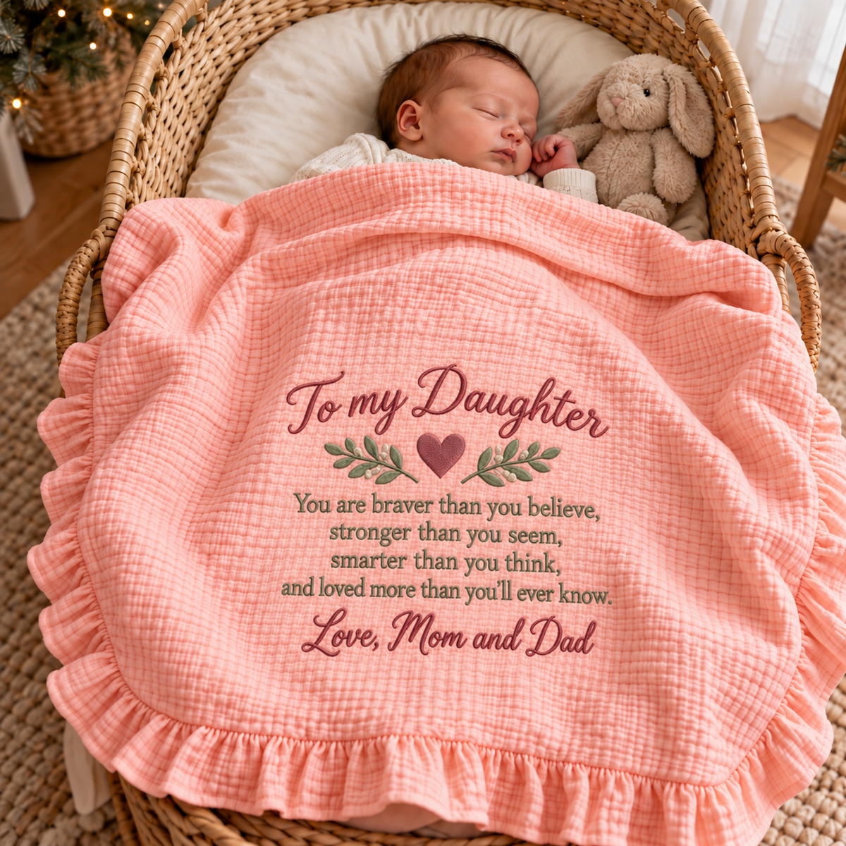 You Are Braver Than You Believe Daughter Embroidered Muslin Blanket | Mom & Dad Keepsake Gift