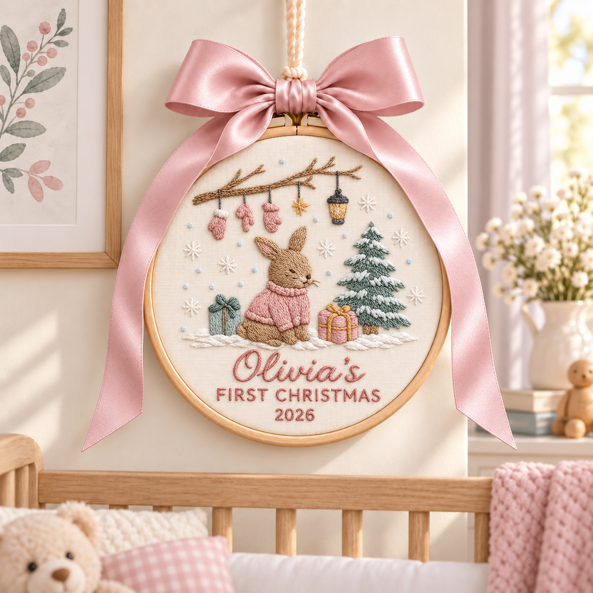 Bunny Baby's First Christmas Ornament, Personalized Embroidered Name Keepsake in Blue or Pink