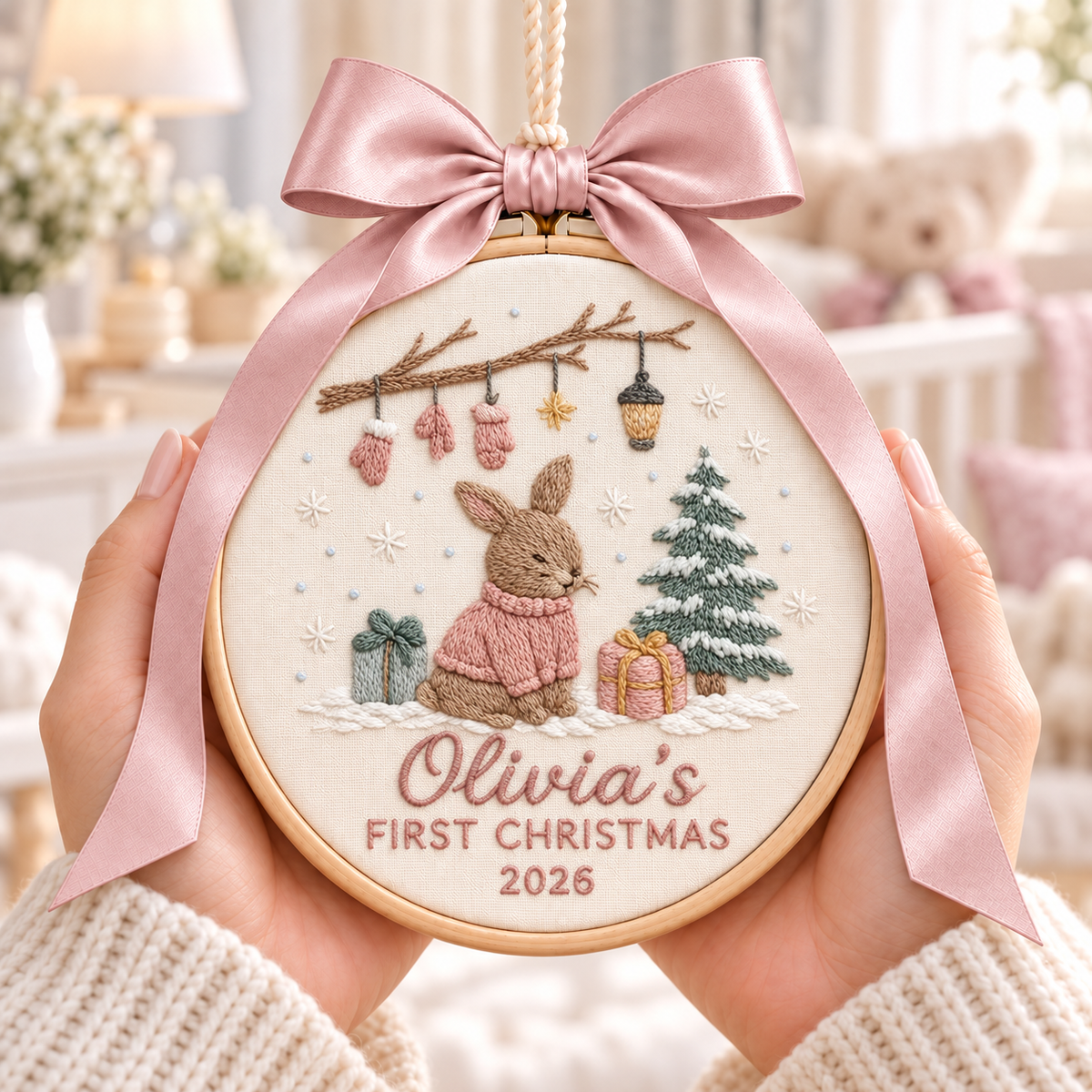 Bunny Baby's First Christmas Ornament, Personalized Embroidered Name Keepsake in Blue or Pink
