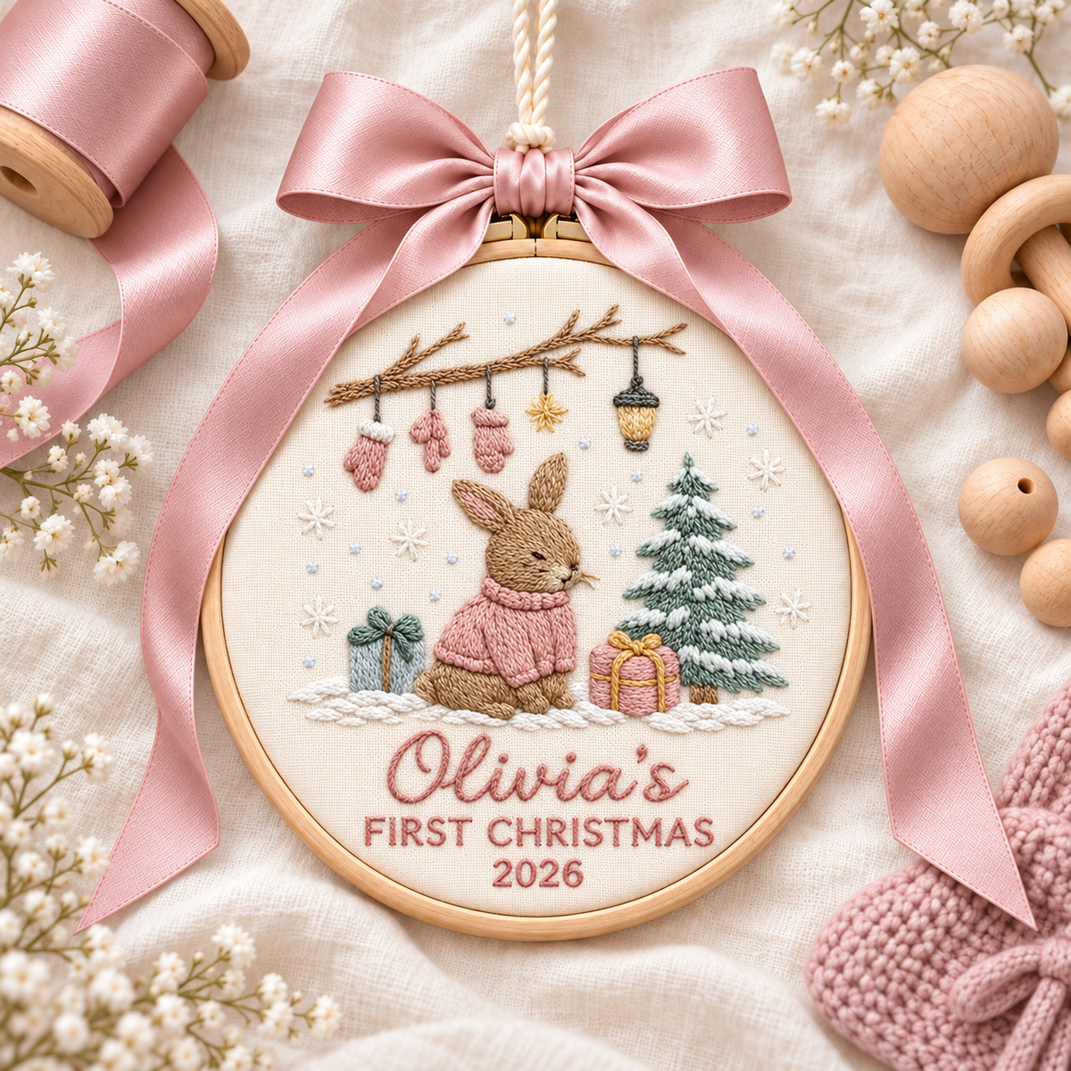 Bunny Baby's First Christmas Ornament, Personalized Embroidered Name Keepsake in Blue or Pink