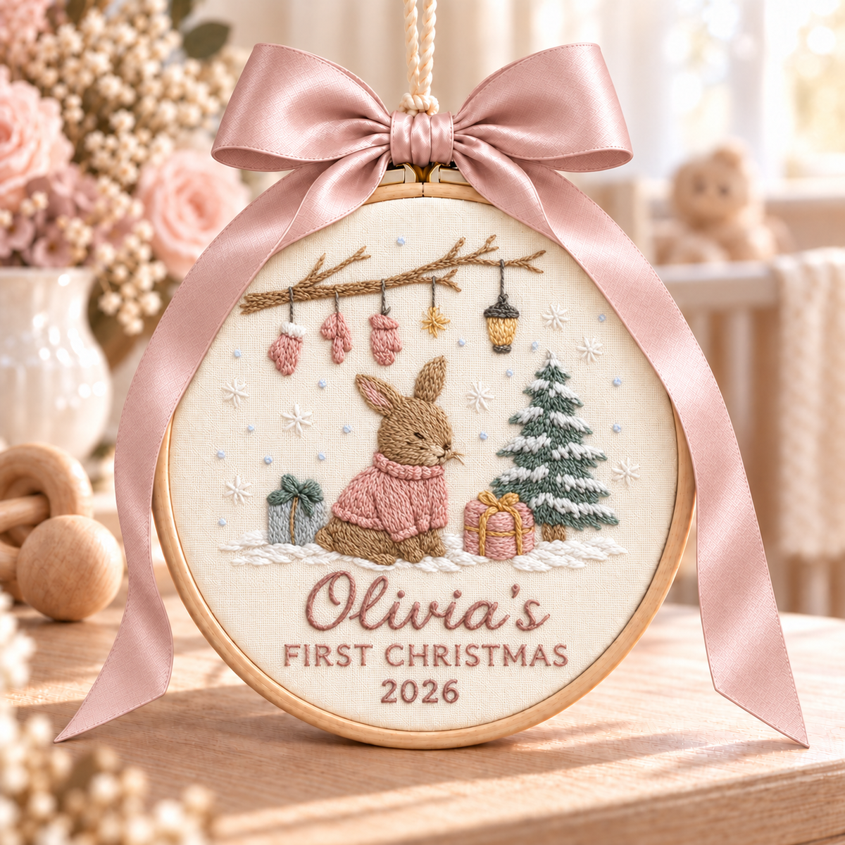 Bunny Baby's First Christmas Ornament, Personalized Embroidered Name Keepsake in Blue or Pink