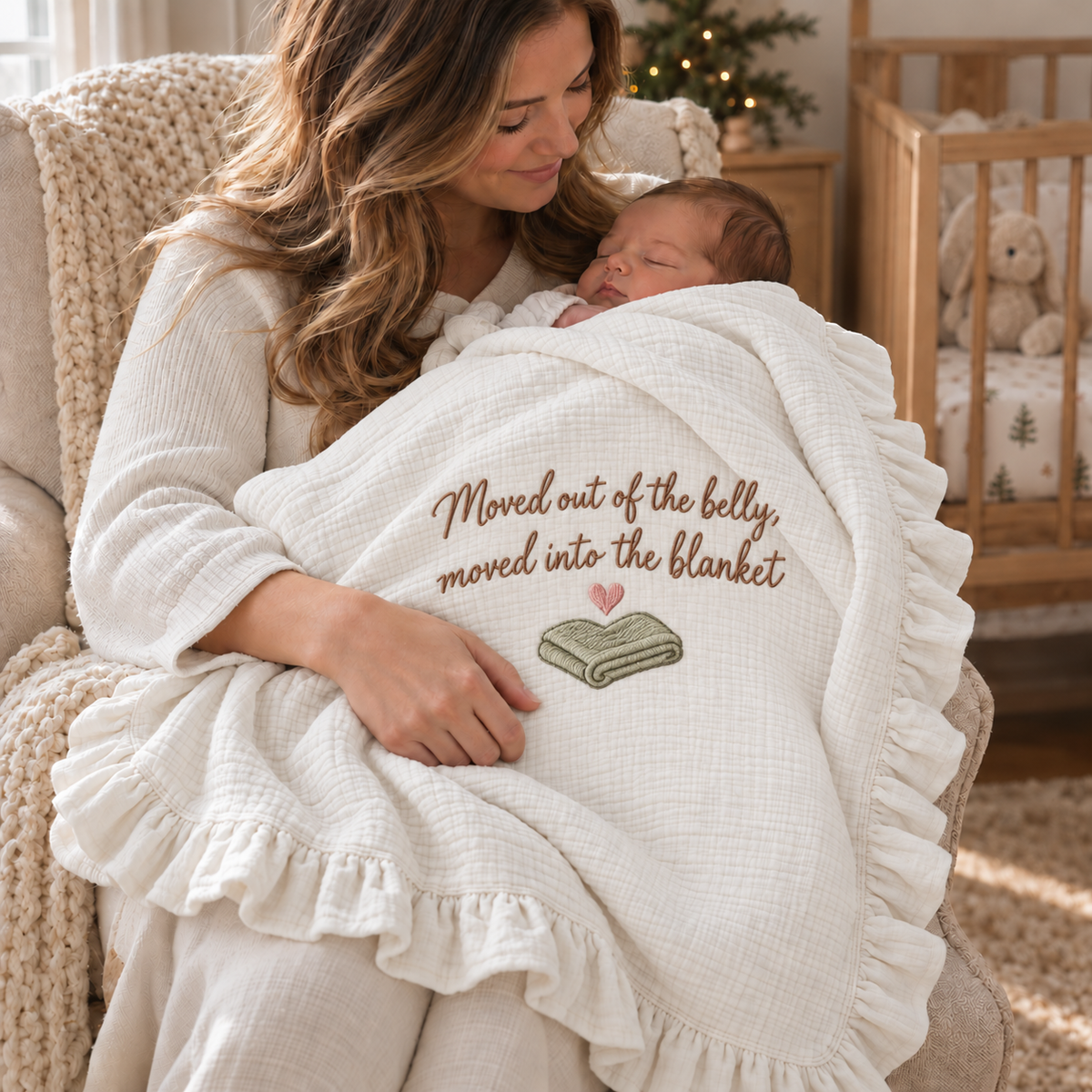 Moved Out of the Belly Into the Blanket Muslin Blanket | Funny Personalized Newborn Keepsake Gift