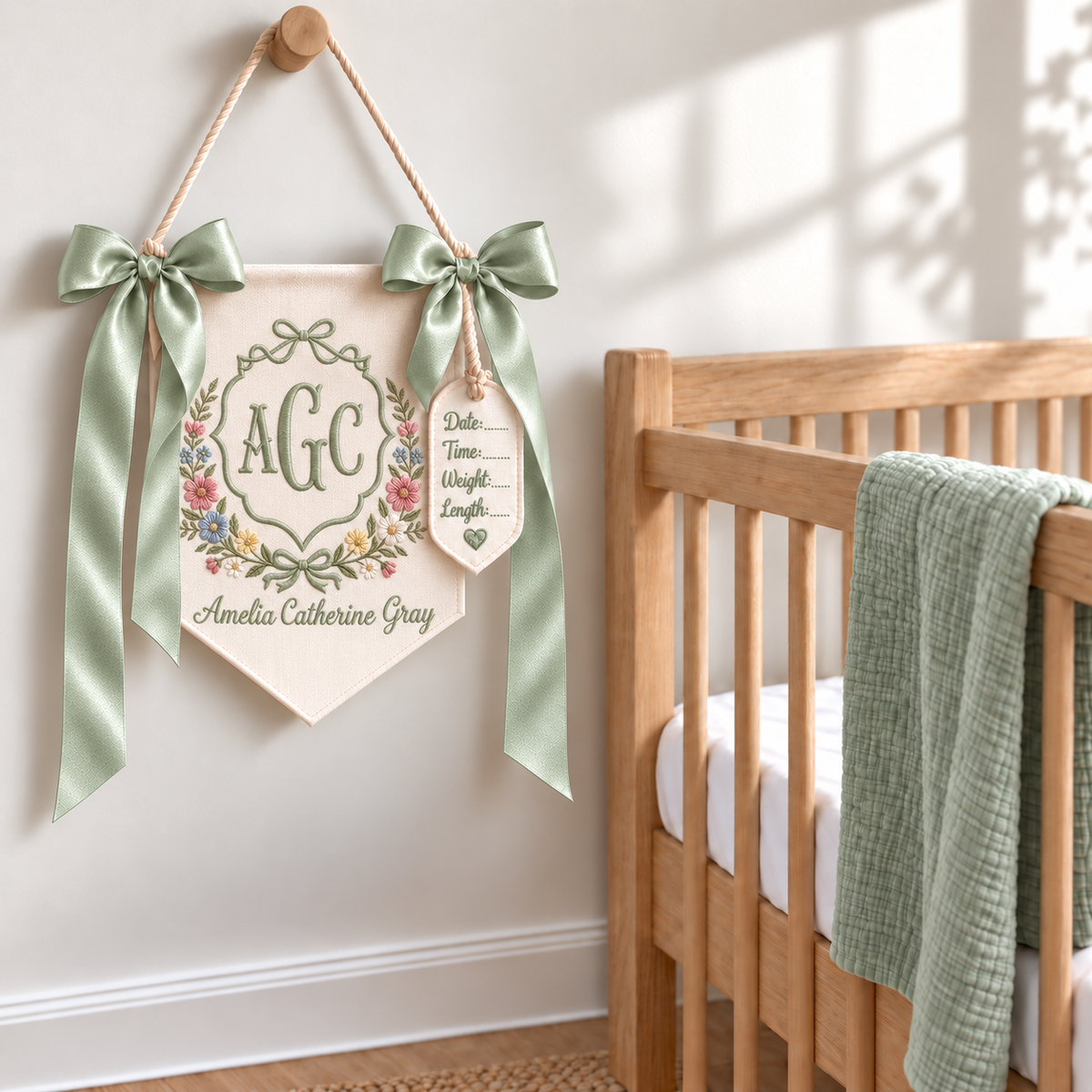 Personalized Baby Girl Hospital Banner, Embroidered Monogram Name Sign, Floral Newborn Announcement, Custom Nursery Decor, Baby Shower Gift