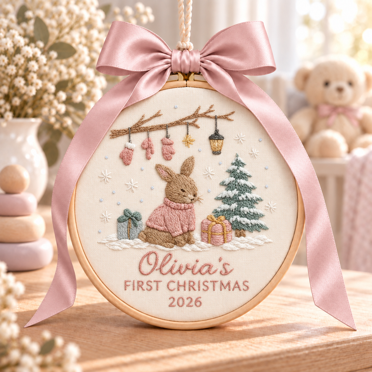 Bunny Baby's First Christmas Ornament, Personalized Embroidered Name Keepsake in Blue or Pink