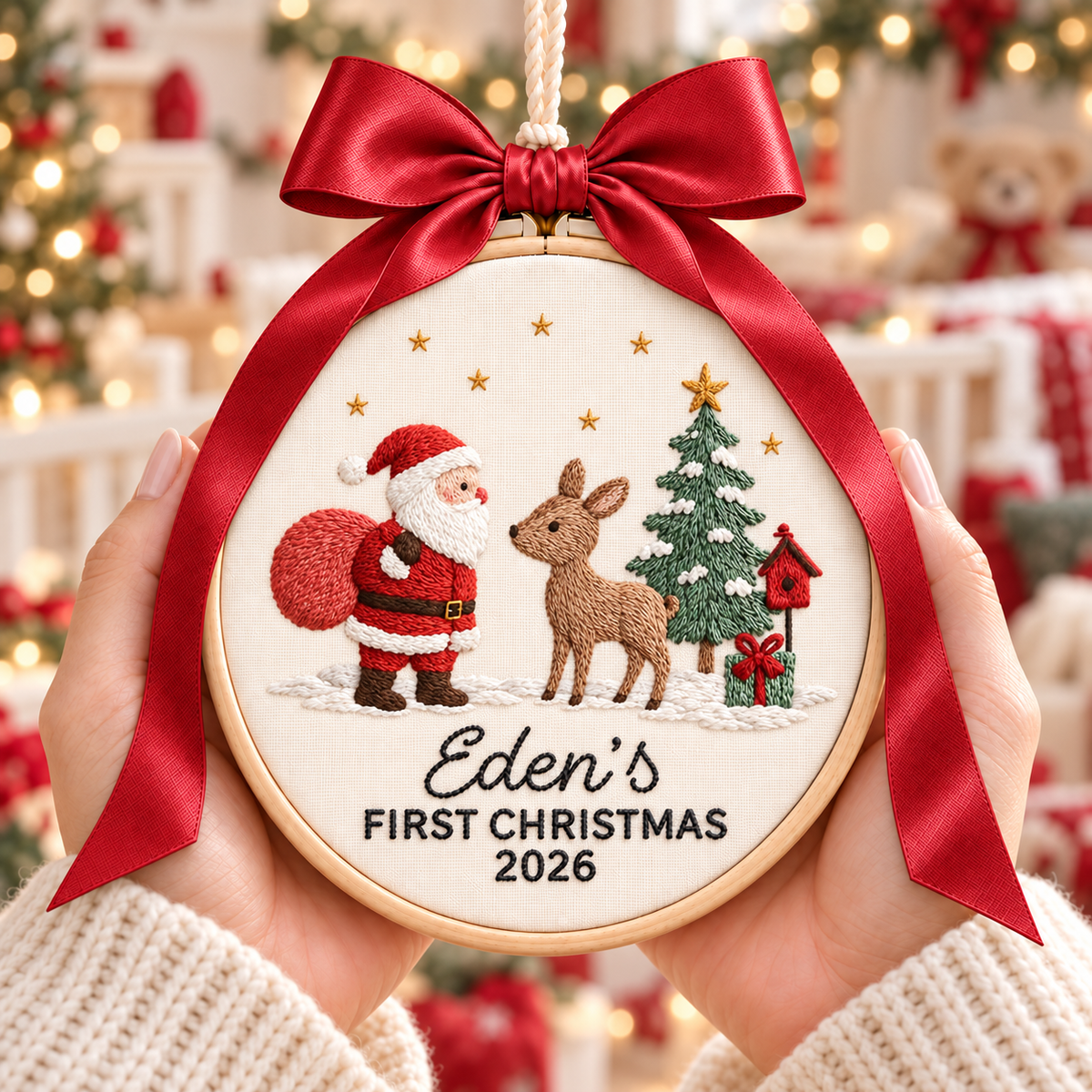 Santa and Reindeer Baby's First Christmas Ornament, Personalized Embroidered Name Keepsake