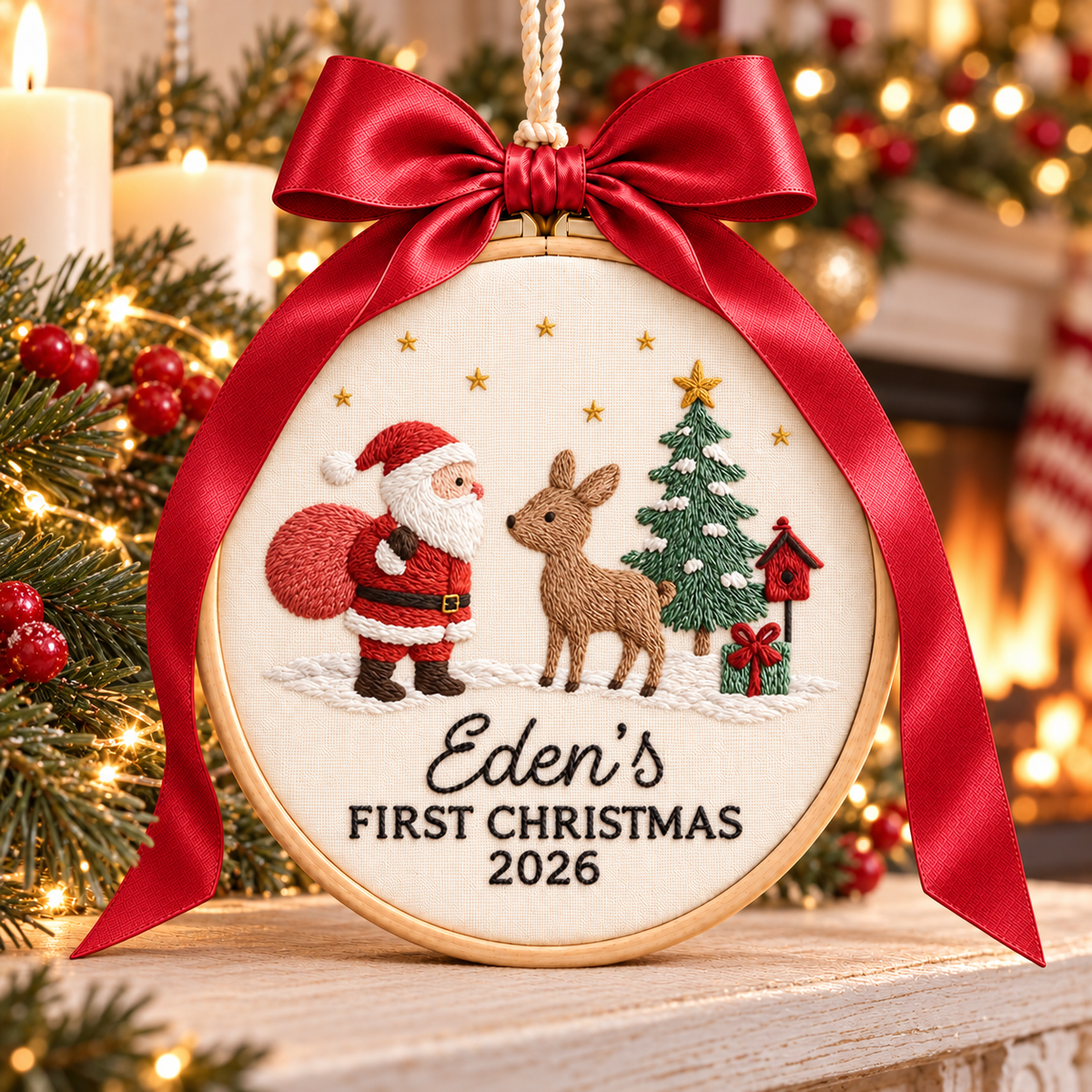 Santa and Reindeer Baby's First Christmas Ornament, Personalized Embroidered Name Keepsake