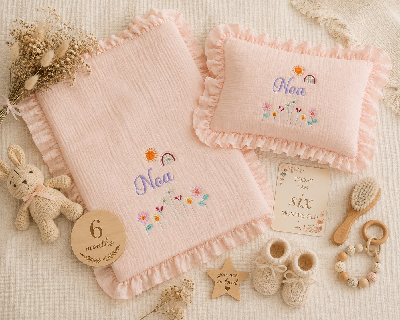 Personalized Baby Muslin Blanket & Ruffle Pillow Set – Embroidered Baby Name Blanket, Custom Newborn Gift, Soft Cotton Muslin Nursery Bedding