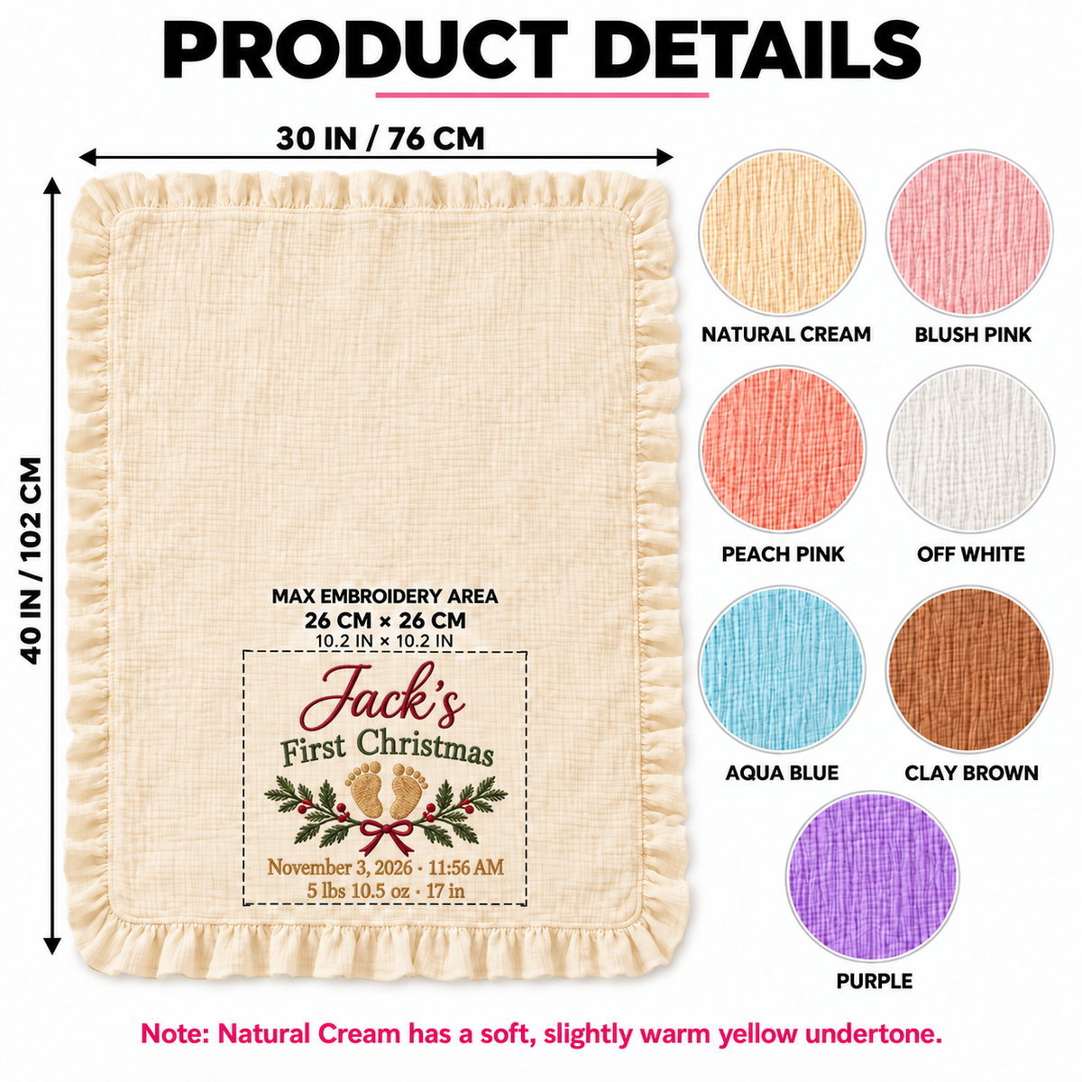 Personalized Birth Announcement First Christmas Muslin Blanket | Custom Baby Stats Keepsake Gift