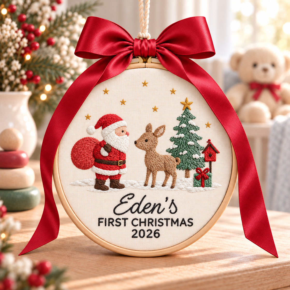 Santa and Reindeer Baby's First Christmas Ornament, Personalized Embroidered Name Keepsake