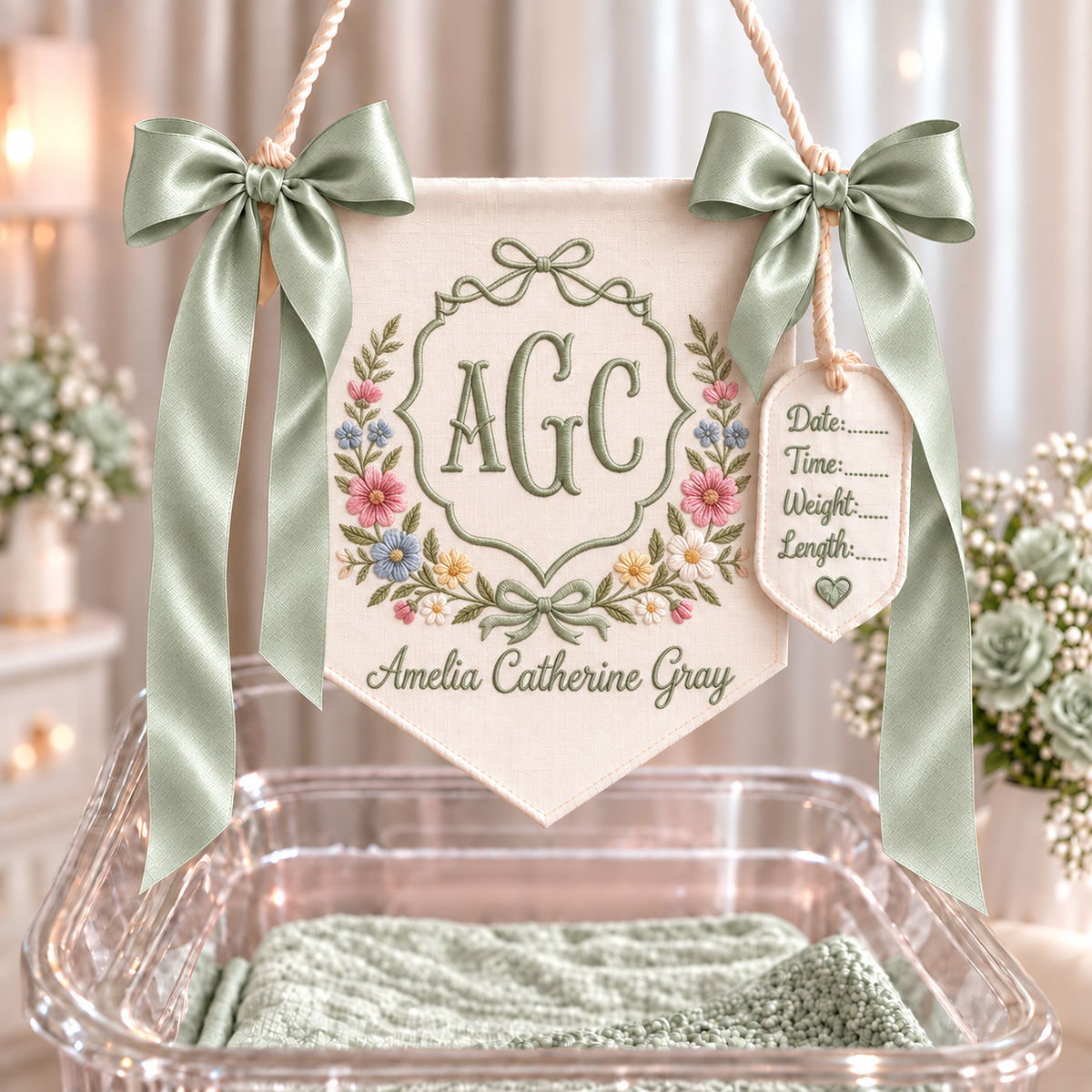 Personalized Baby Girl Hospital Banner, Embroidered Monogram Name Sign, Floral Newborn Announcement, Custom Nursery Decor, Baby Shower Gift