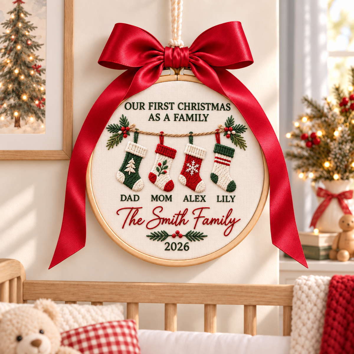 Our First Christmas as a Family Ornament, Personalized Embroidered Stocking Names Keepsake