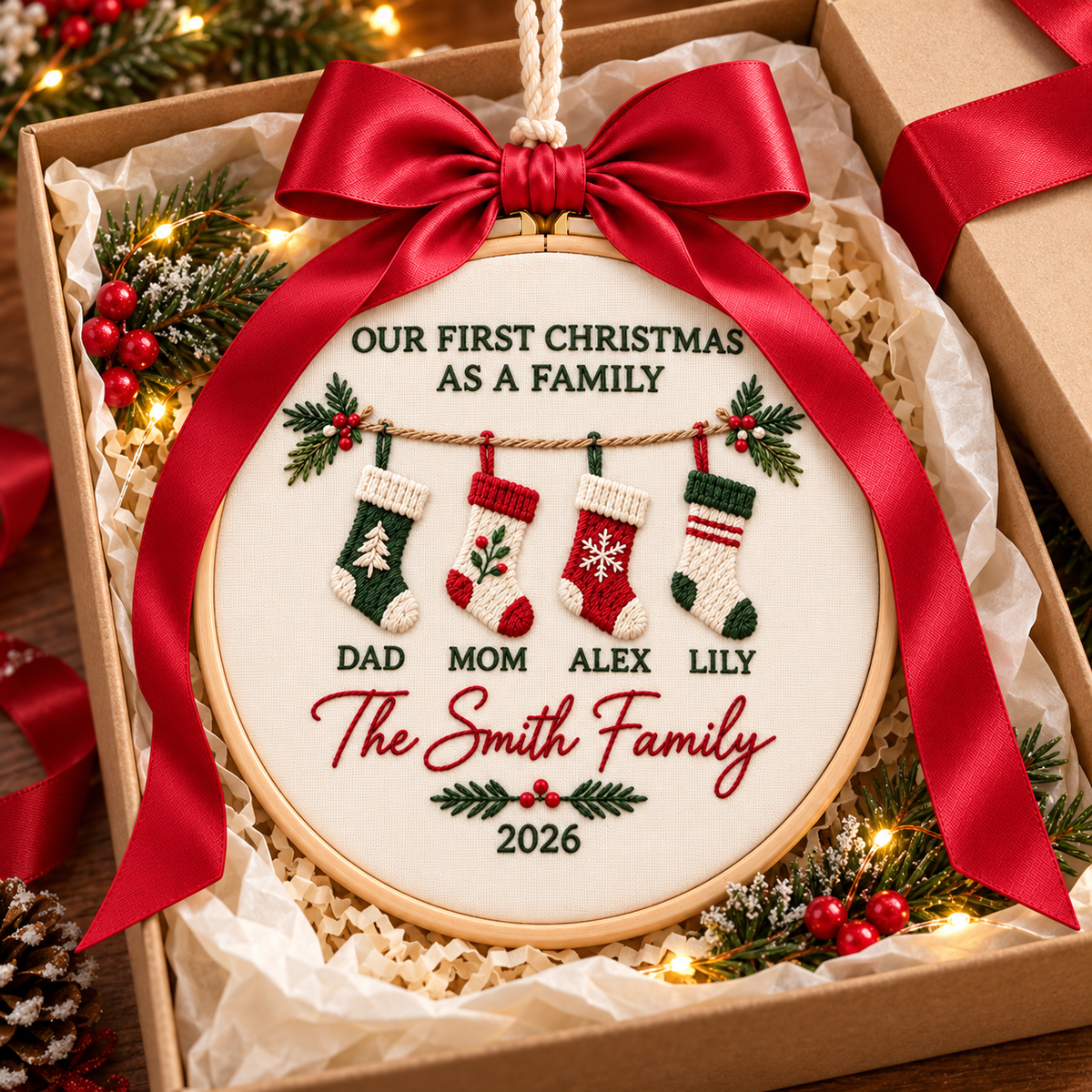 Our First Christmas as a Family Ornament, Personalized Embroidered Stocking Names Keepsake