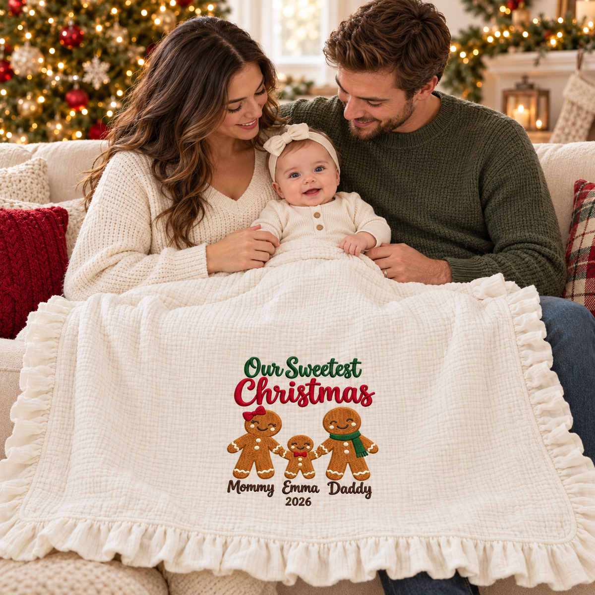 Our Sweetest Christmas Embroidered Family Muslin Blanket | Personalized Mommy Daddy Baby Keepsake Gift