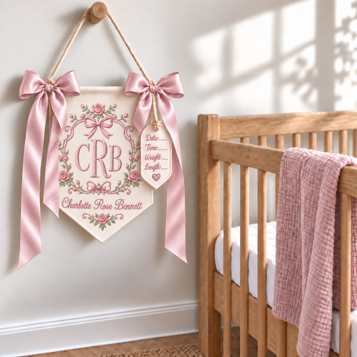 Baby Girl Hospital Banner, Embroidered Monogram Name Sign