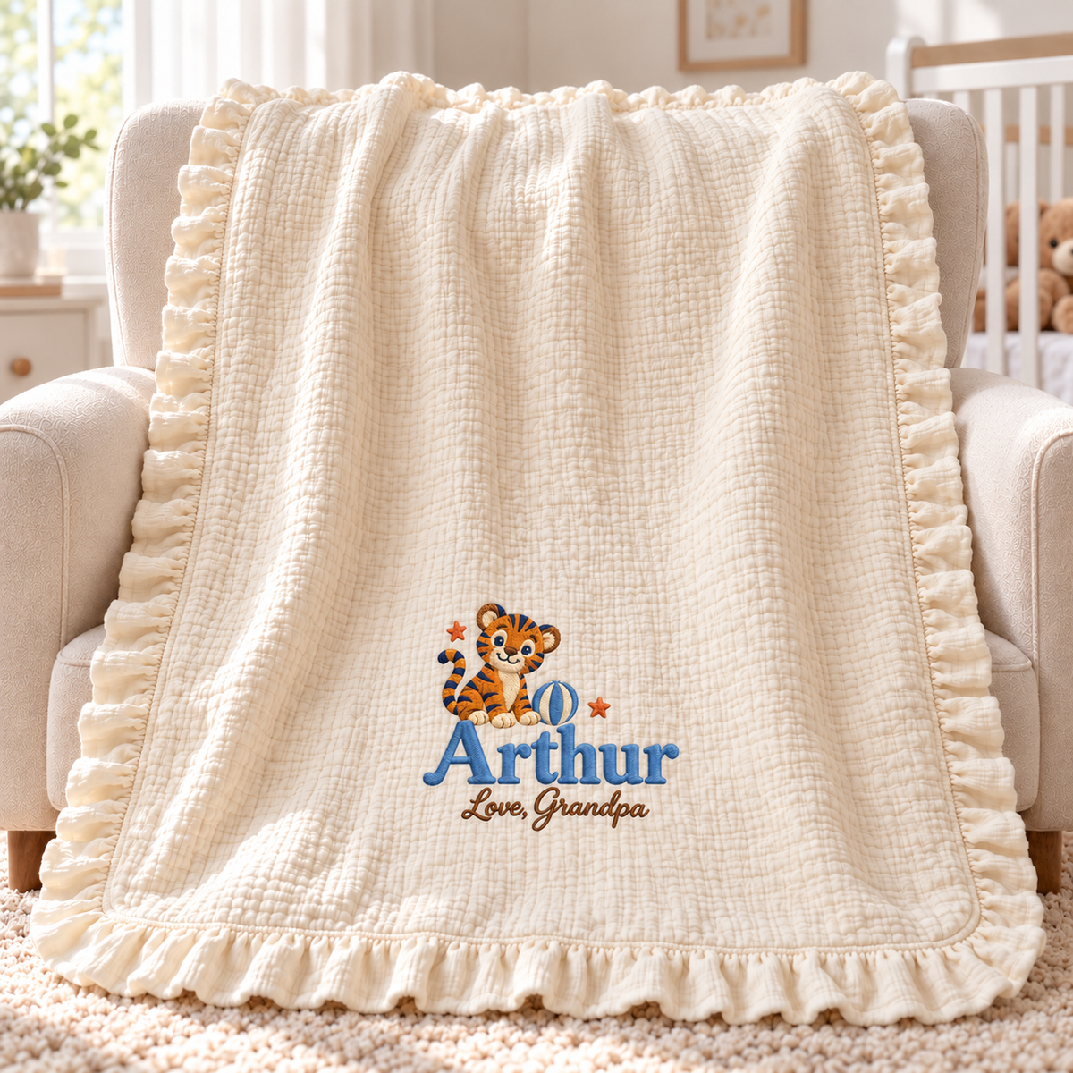 Custom Name Embroidered Muslin Blanket | Personalized Keepsake Gift from Grandpa