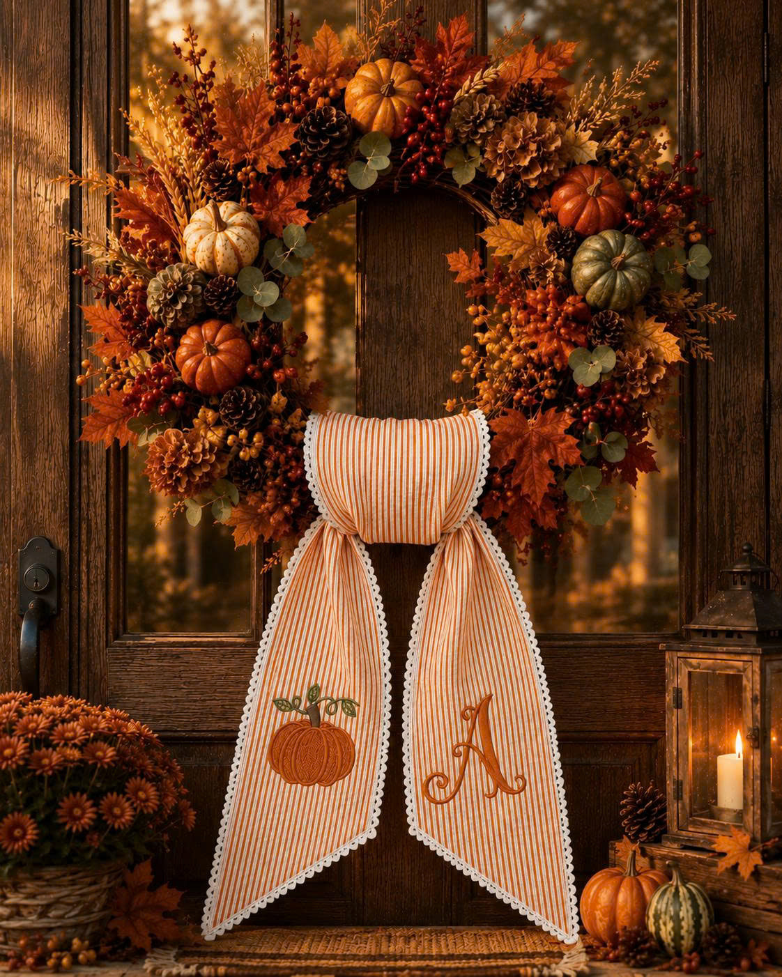 Personalized Fall Wreath Sash – Monogram Seersucker Wreath Bow with Embroidered Pumpkin, Thanksgiving Front Door Decor