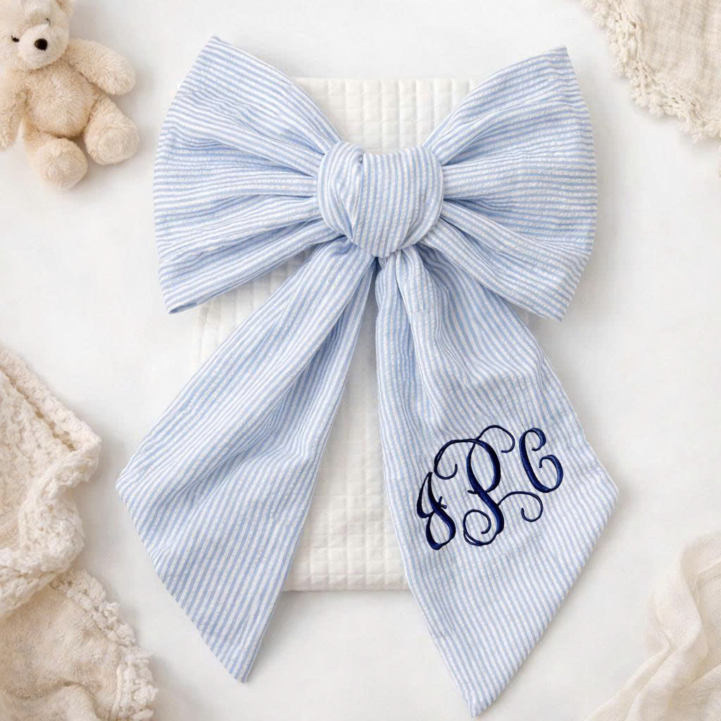 Personalized Seersucker Baby Bow with Monogram – Oversized Newborn Swaddle Bow, Custom Baby Name Gift & Photo Prop