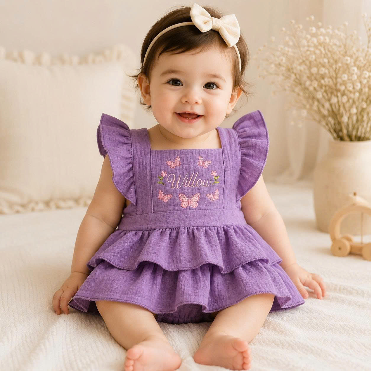 Baby Girl Muslin Ruffle Romper with Bow – Soft Cotton Summer Outfit, Newborn Coming Home & Baby Shower Gift