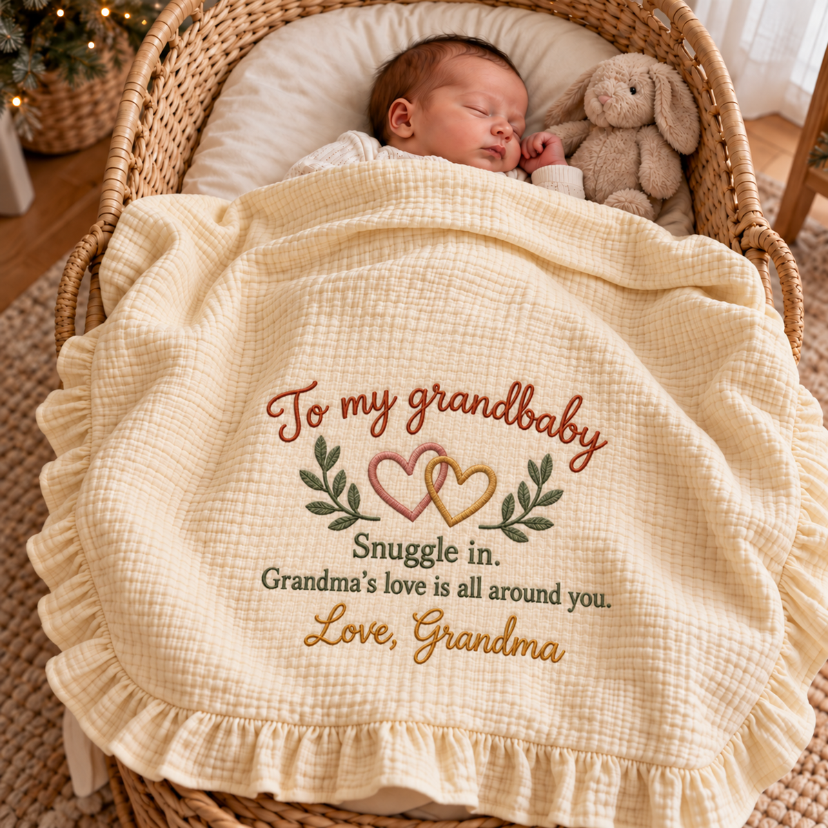 Grandma's Love Snuggle In Embroidered Muslin Blanket | Personalized Grandbaby Keepsake Gift