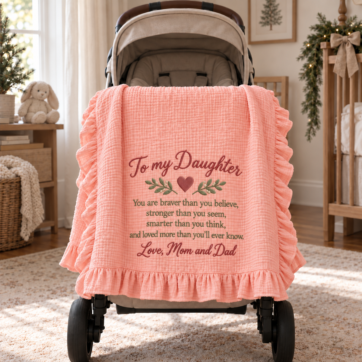 You Are Braver Than You Believe Daughter Embroidered Muslin Blanket | Mom & Dad Keepsake Gift