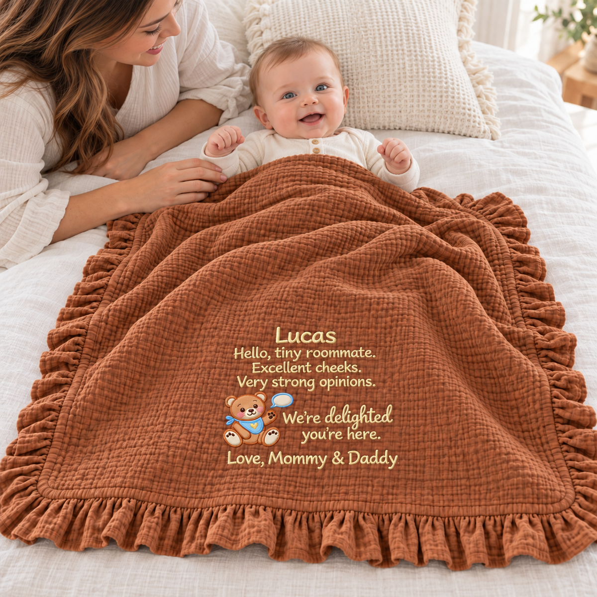 Our First Christmas Morning Muslin Blanket | Embroidered Mommy & Baby Gift for Newborn