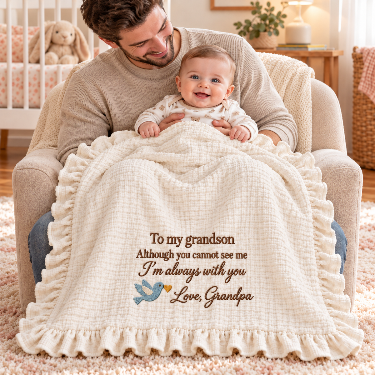 Always With You Grandpa Muslin Blanket | Personalized Grandson Memorial Keepsake Gift