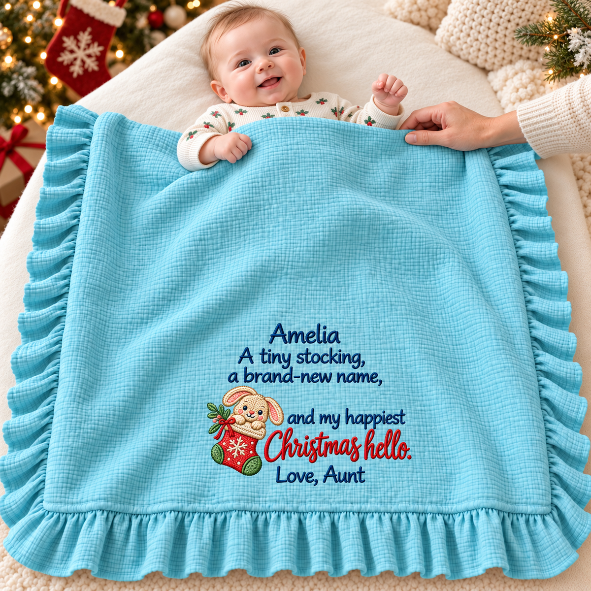 Mommy and Baby First Christmas Embroidered Muslin Blanket | Personalized Keepsake Gift for Newborn
