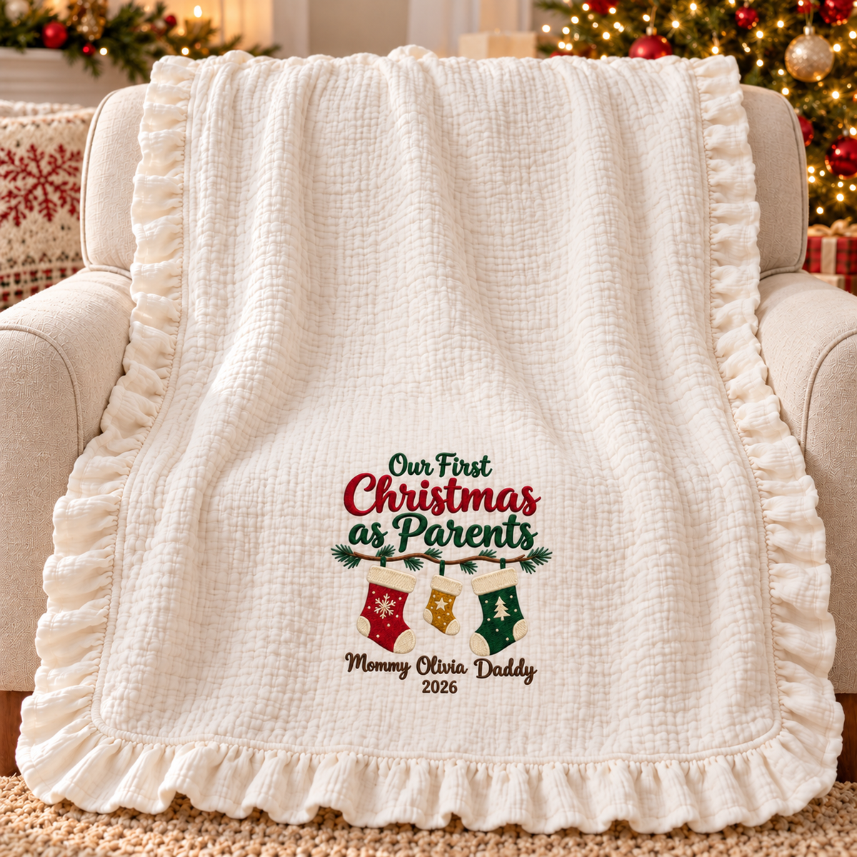 Our First Christmas as Parents Embroidered Blanket | Personalized Family Keepsake Gift