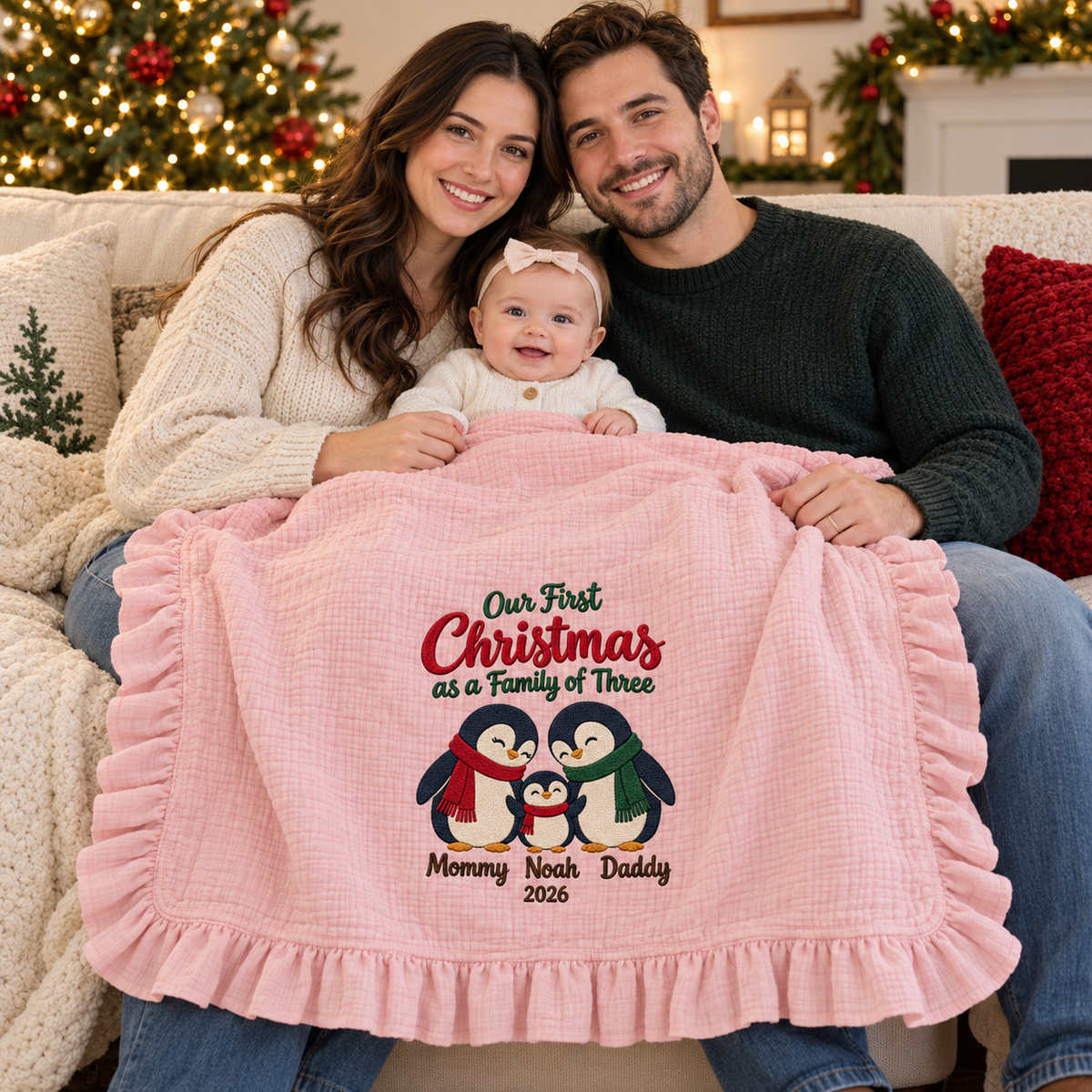 Our First Christmas as a Family Muslin Blanket | Personalized Mommy Daddy Baby Keepsake Gift