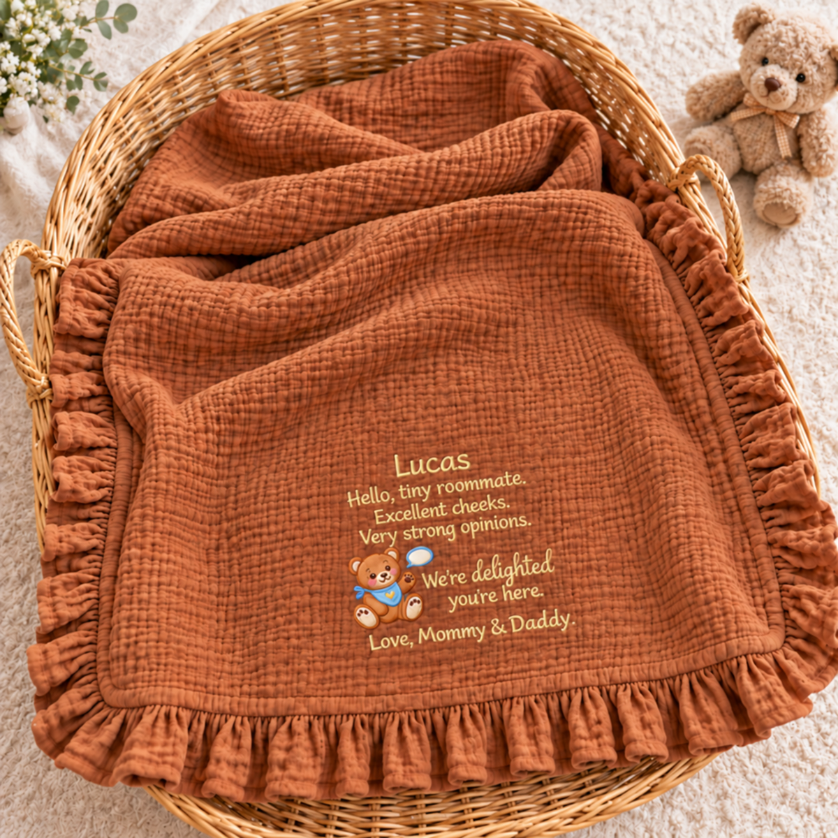Our First Christmas Morning Muslin Blanket | Embroidered Mommy & Baby Gift for Newborn